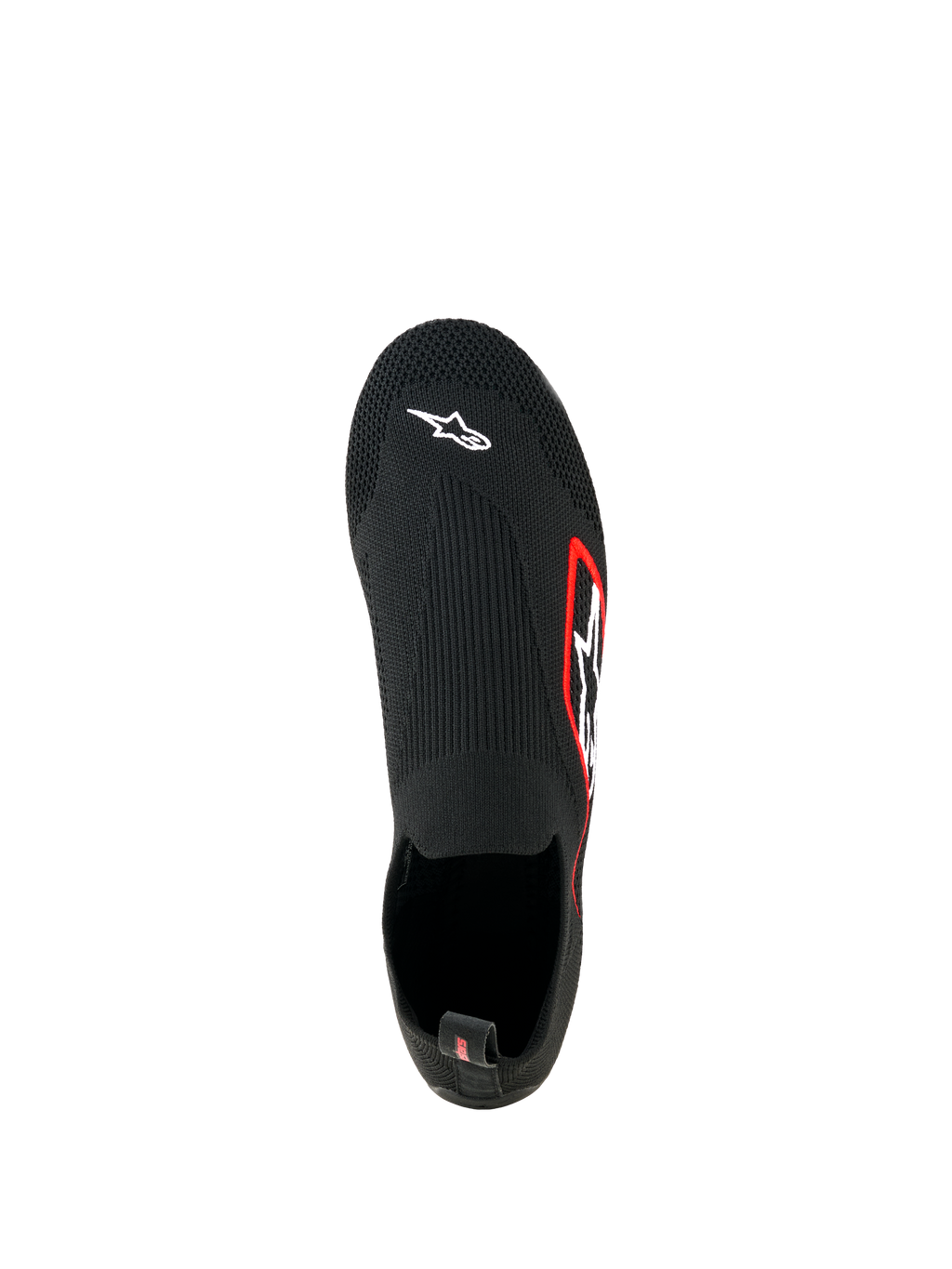 Sapatos Alpinestars Tech Gaming, calçado de Sim Racing, pretos, vista superior, parte superior em malha elástica sem costuras com logótipo Astar branco na biqueira, logótipo com rebordo vermelho na lateral, design leve tipo meia