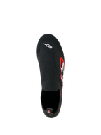 Sapatos Alpinestars Tech Gaming, calçado de Sim Racing, pretos, vista superior, parte superior em malha elástica sem costuras com logótipo Astar branco na biqueira, logótipo com rebordo vermelho na lateral, design leve tipo meia