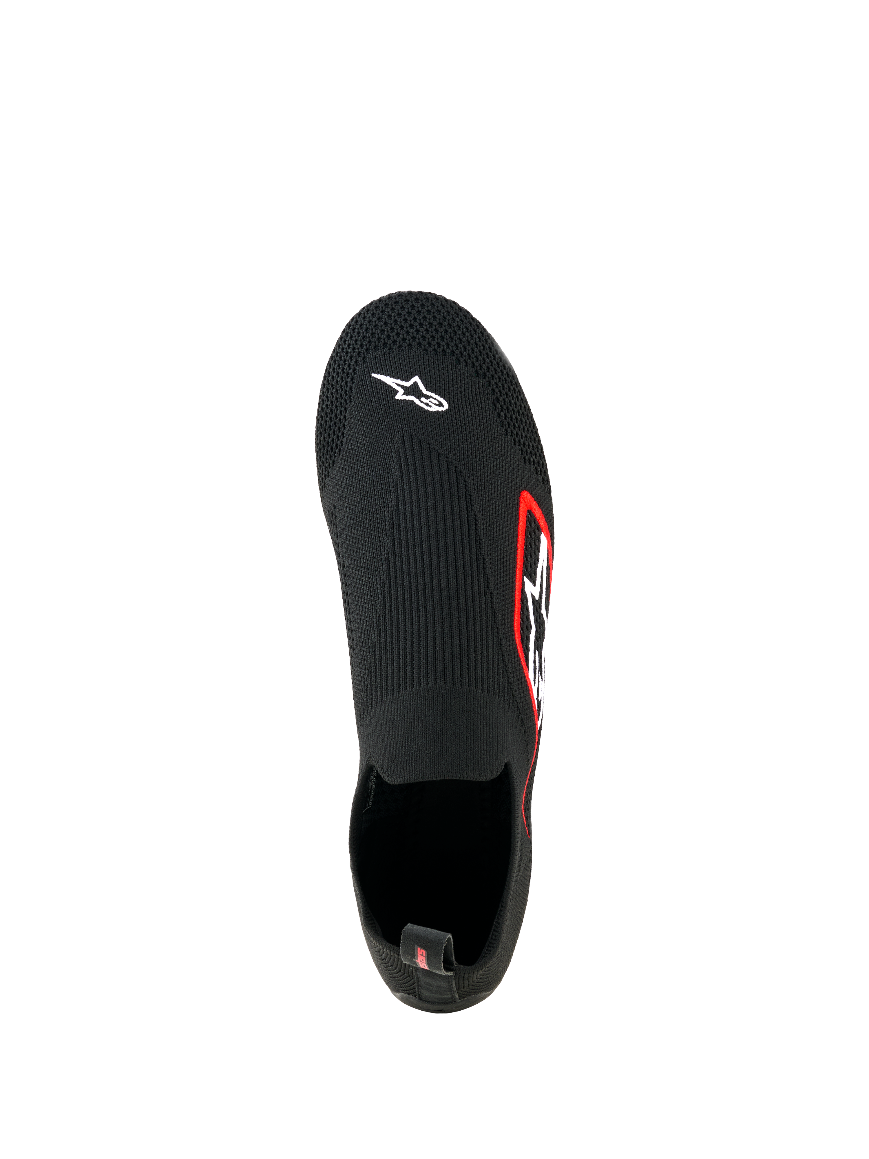 Sapatos Alpinestars Tech Gaming, calçado de Sim Racing, pretos, vista superior, parte superior em malha elástica sem costuras com logótipo Astar branco na biqueira, logótipo com rebordo vermelho na lateral, design leve tipo meia