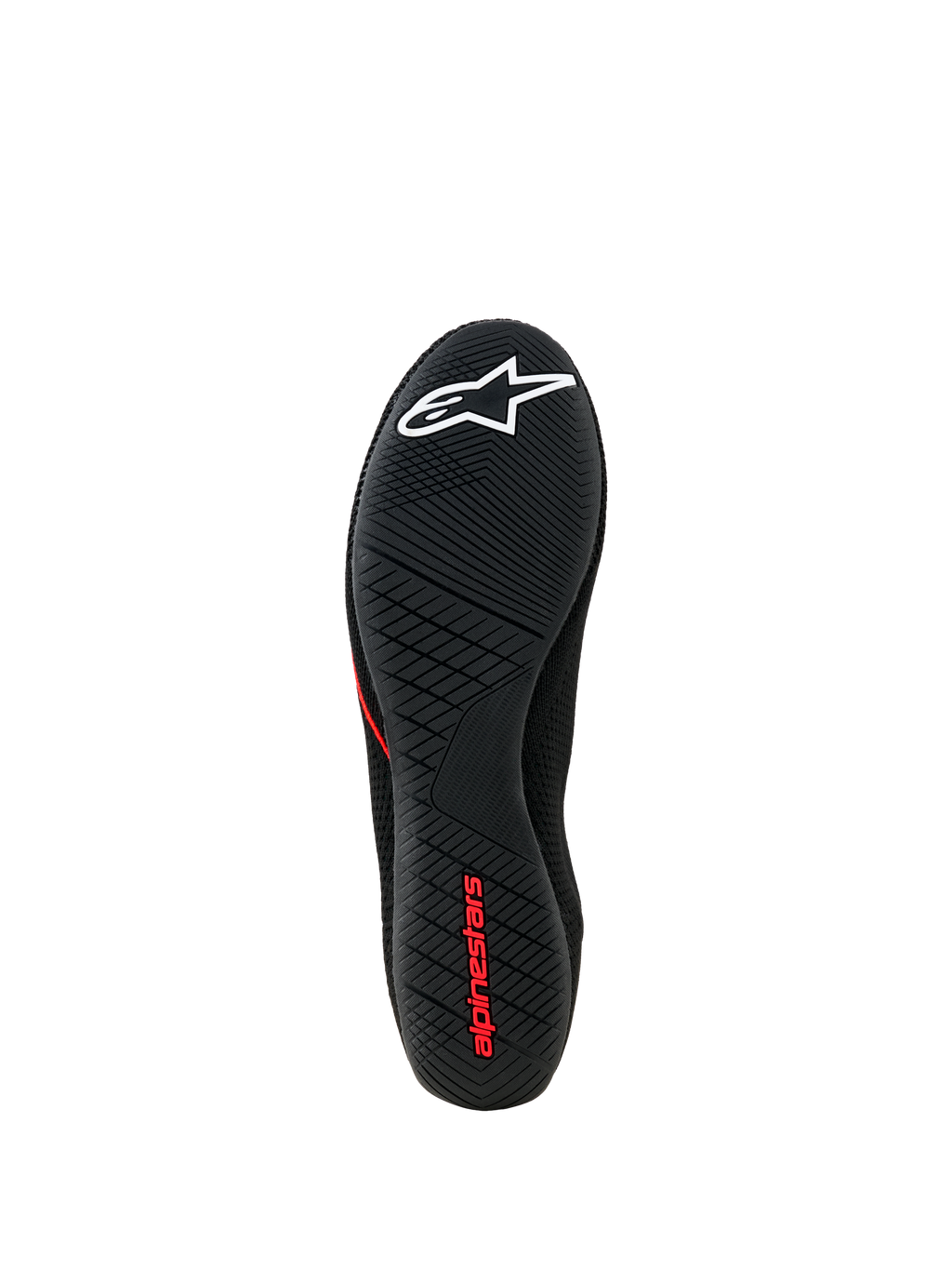 Alpinestars Tech Gaming Shoes, vista da sola, sola de borracha preta ultrafina com padrão de aderência texturizado, logótipo de estrela branco e marca Alpinestars a vermelho, calçado de SIM-racing