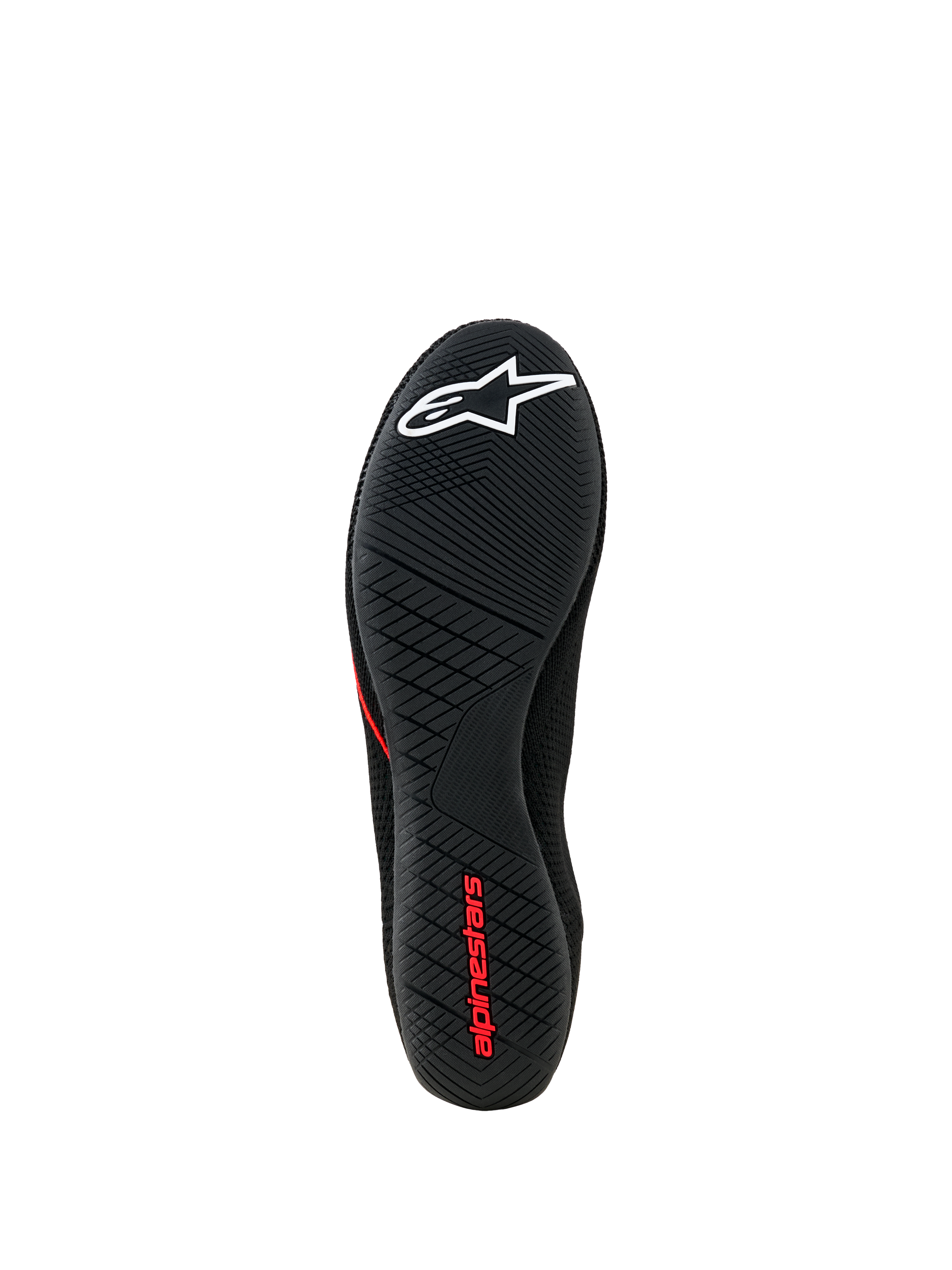 Alpinestars Tech Gaming Shoes, vista da sola, sola de borracha preta ultrafina com padrão de aderência texturizado, logótipo de estrela branco e marca Alpinestars a vermelho, calçado de SIM-racing