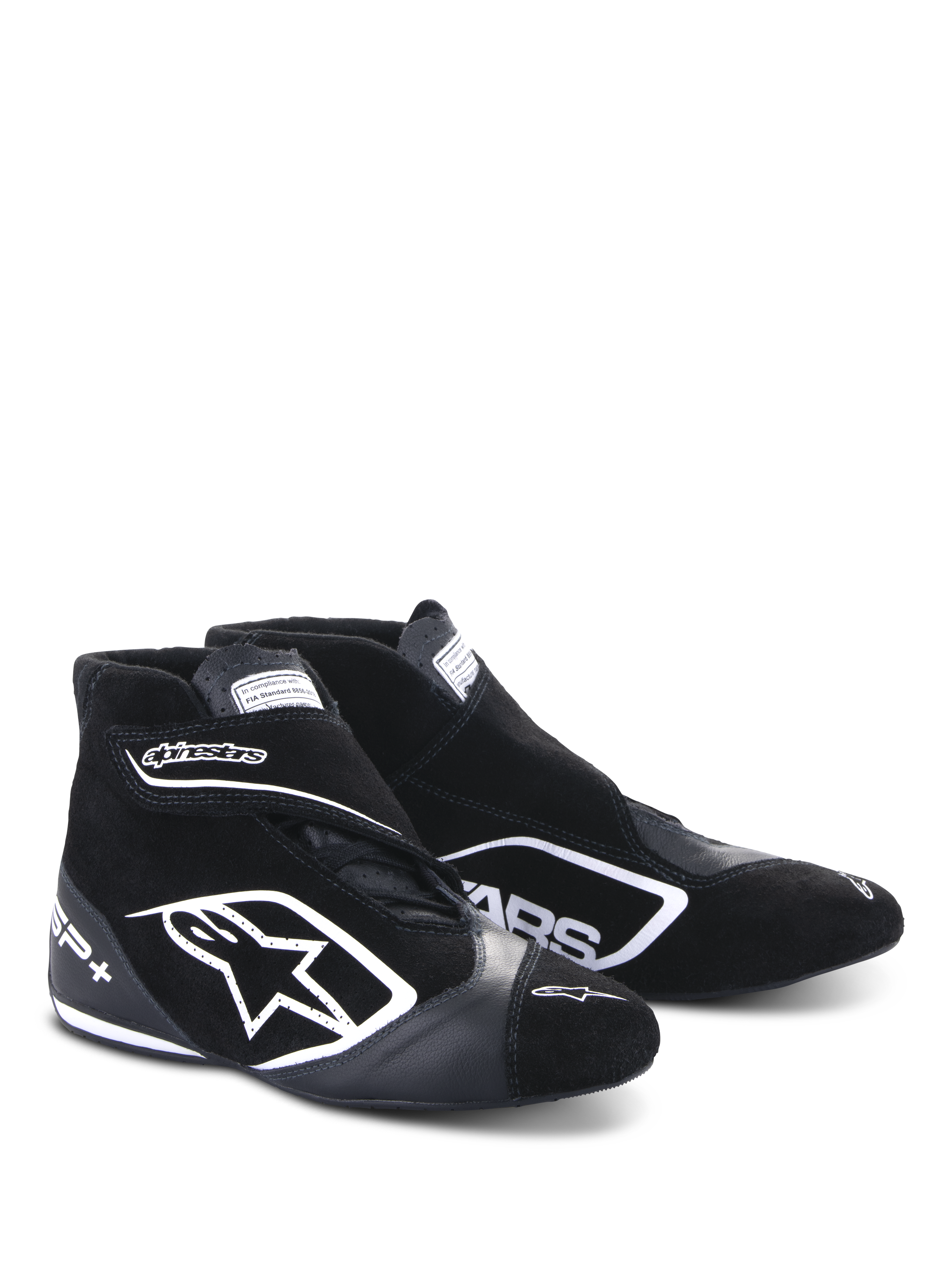 Alpinestars SP+ Shoes N, sapatilhas para automobilismo, pretas e brancas, com um grande logótipo de estrela branco, design de cano alto com tira no tornozelo, construção em camurça e couro, e sola fina de performance