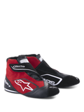 Alpinestars SP+ Shoes, sapatos de corrida de cano alto, pretos e vermelhos, com construção em camurça e pele, logótipo de estrela branco na lateral, tira de velcro ajustável, calçado profissional para desportos motorizados com suporte de tornozelo