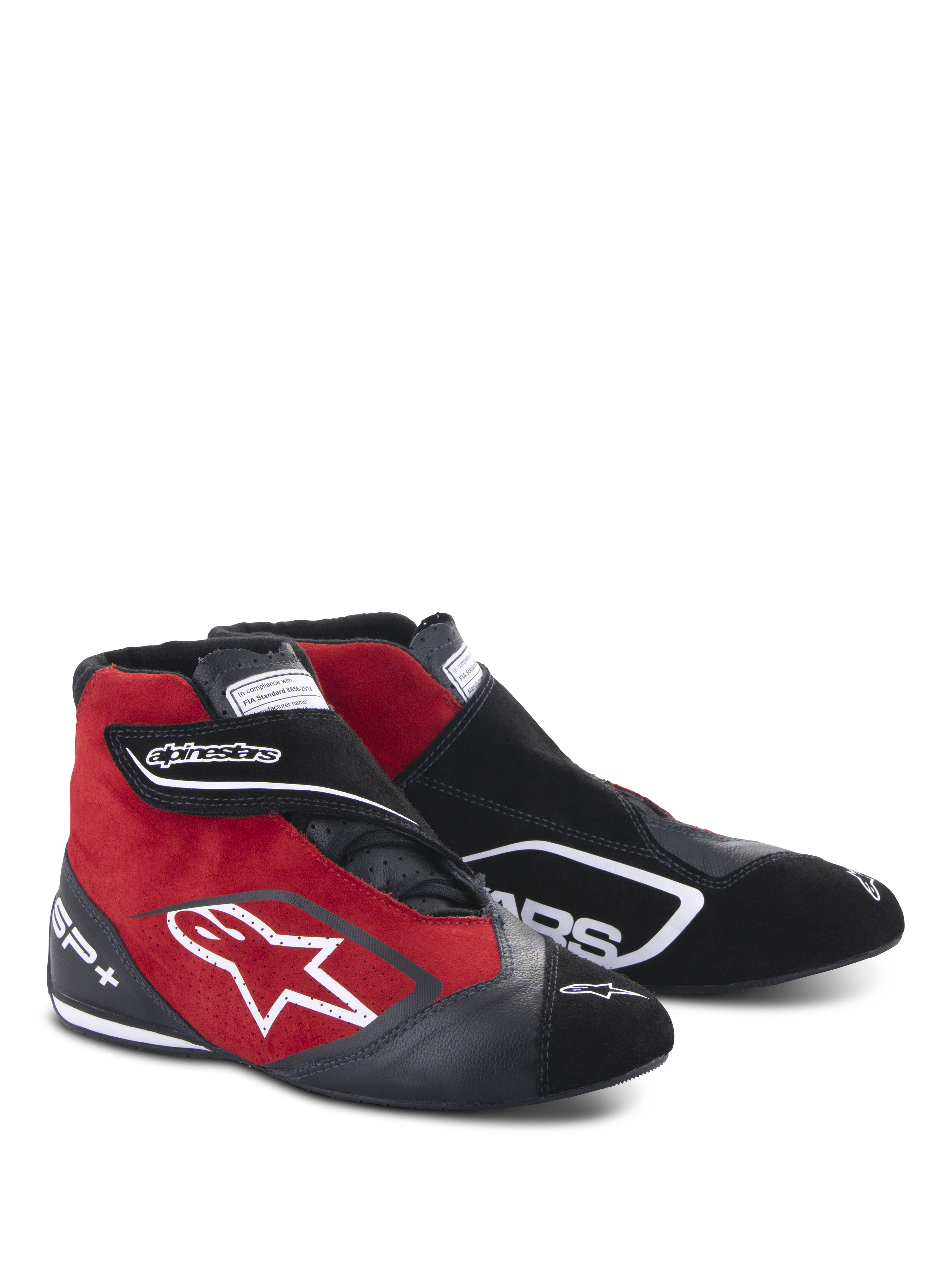 Alpinestars SP+ Shoes, sapatos de corrida de cano alto, pretos e vermelhos, com construção em camurça e pele, logótipo de estrela branco na lateral, tira de velcro ajustável, calçado profissional para desportos motorizados com suporte de tornozelo