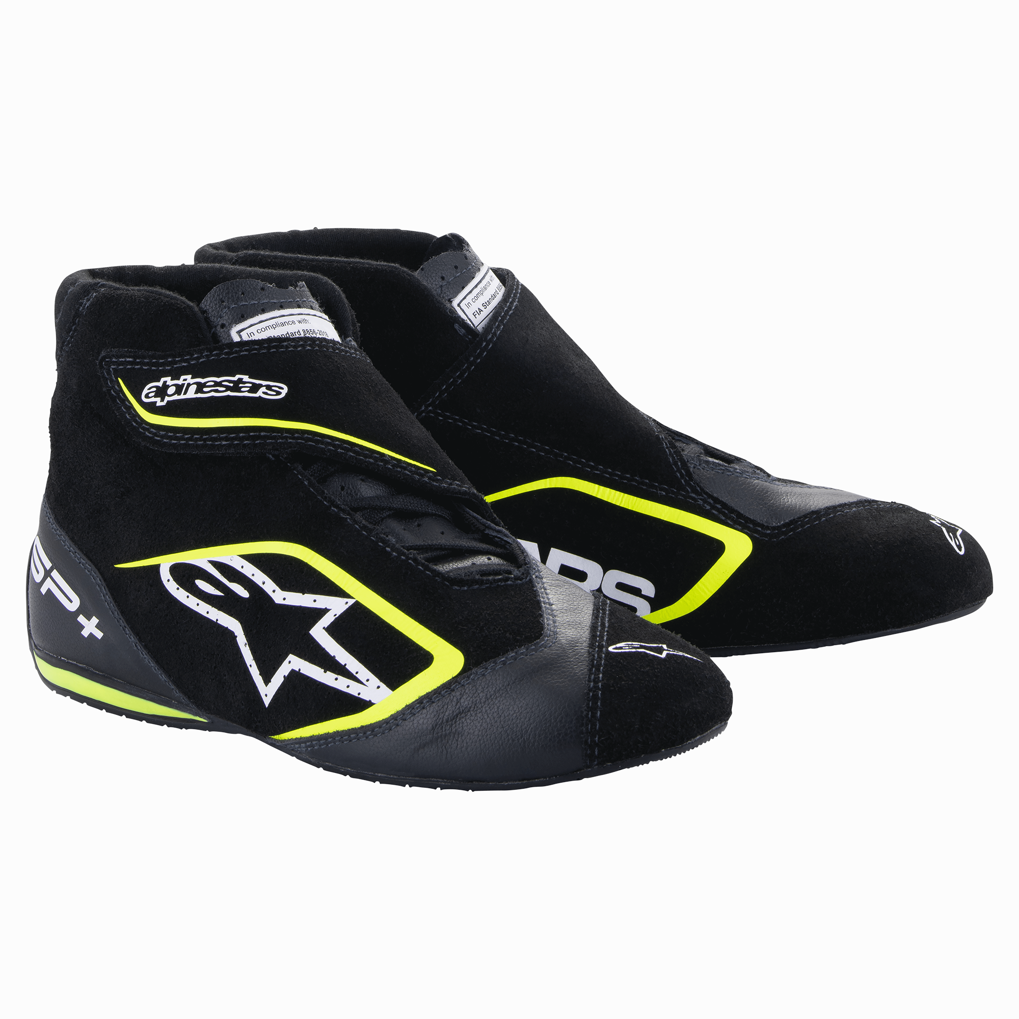 Sapatos Alpinestars SP+, sapatos de automobilismo, pretos e amarelo fluo, design de cano alto com logótipo de estrela branco e detalhes amarelo néon, construção em couro e camurça, solas de borracha finas inspiradas na F1, estética desportiva de automobilismo