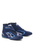 Alpinestars SP+ Shoes N, sapatos de automobilismo, azul-ultramarino e azul-claro, design de cano alto com construção em camurça e pele, logótipo de estrela branca grande e marca SP+, formato aerodinâmico para automobilismo profissional