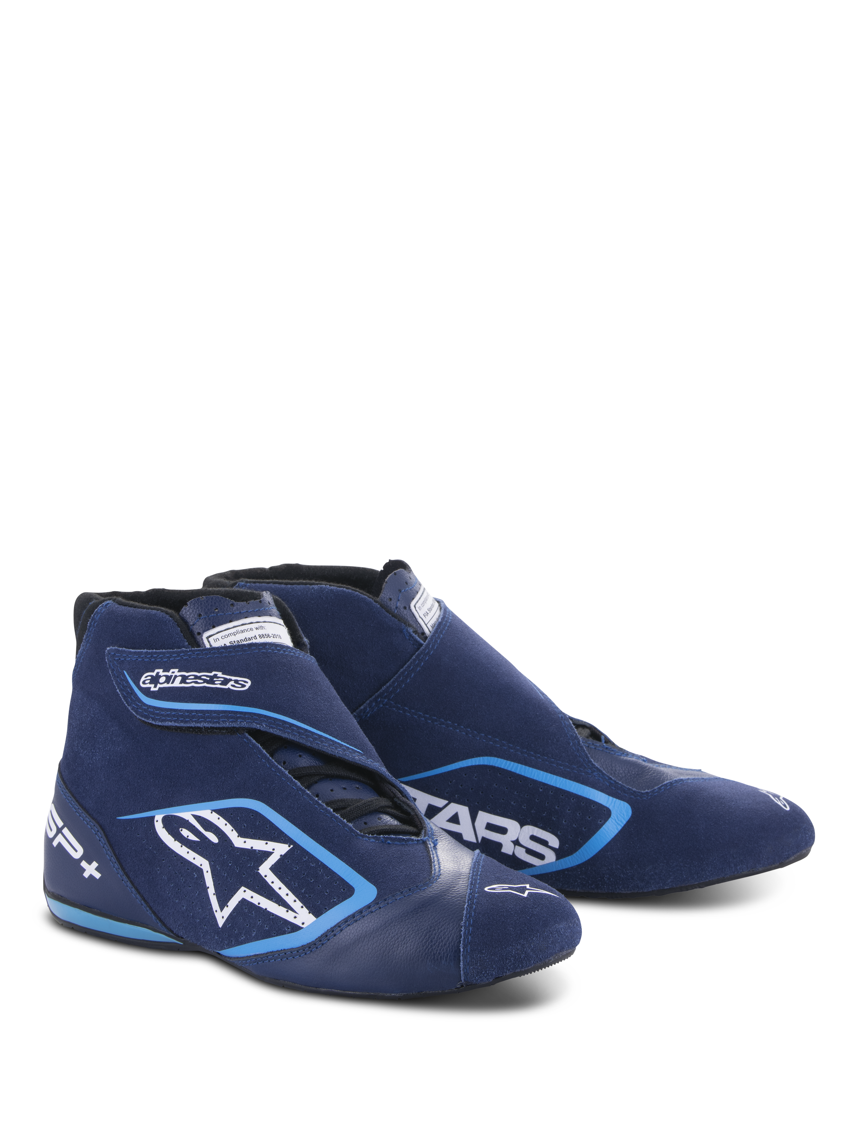 Alpinestars SP+ Shoes N, sapatos de automobilismo, azul-ultramarino e azul-claro, design de cano alto com construção em camurça e pele, logótipo de estrela branca grande e marca SP+, formato aerodinâmico para automobilismo profissional