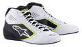 Sapatos Alpinestars Tech-1 K Start V2, sapatos de karting, branco, preto e amarelo fluo, com painéis laterais perfurados, logótipo de estrela branco grande e detalhes em amarelo néon, calçado profissional de desporto motorizado