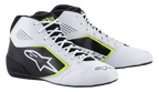 Sapatos Alpinestars Tech-1 K Start V2, sapatos de karting, branco, preto e amarelo fluo, com painéis laterais perfurados, logótipo de estrela branco grande e detalhes em amarelo néon, calçado profissional de desporto motorizado