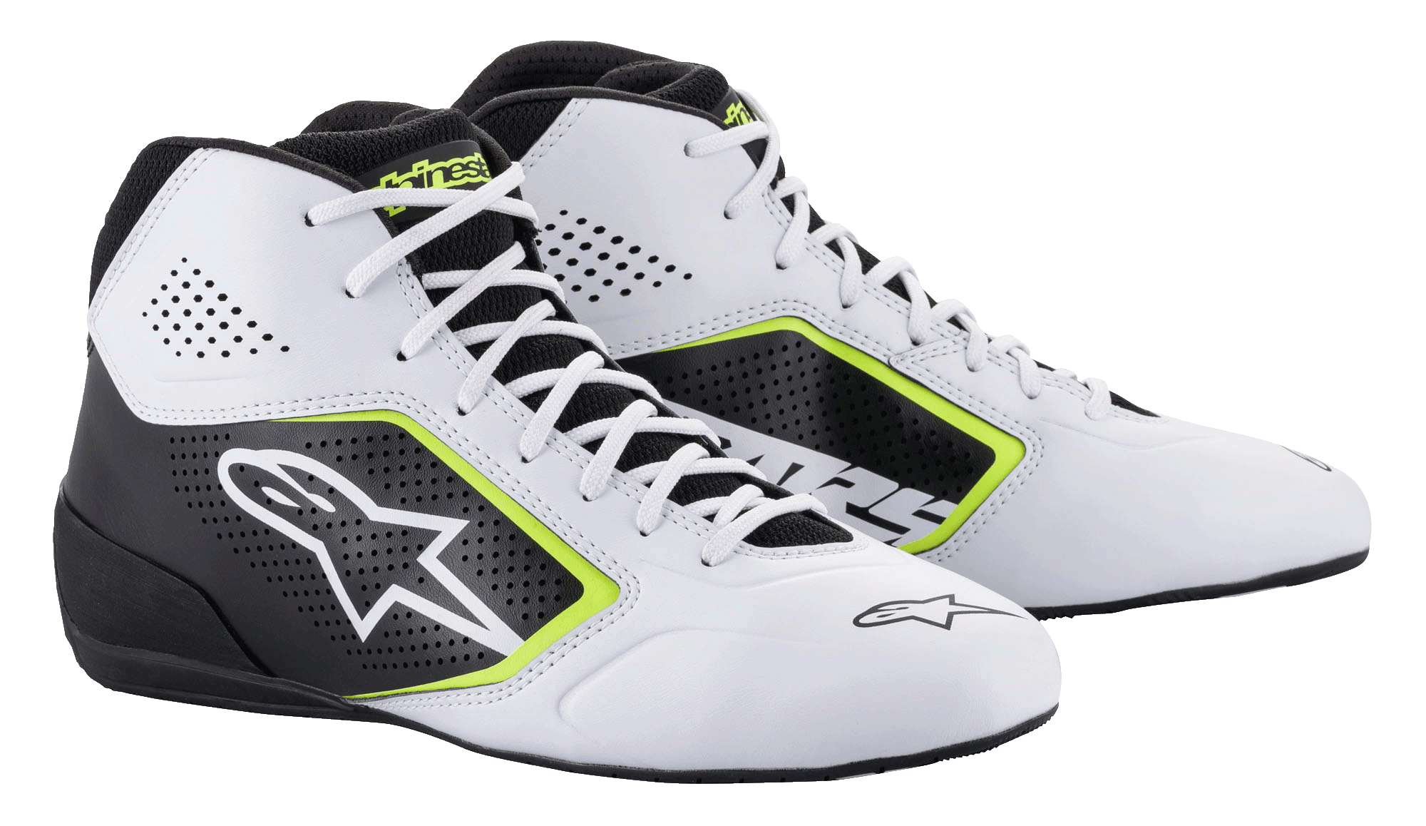 Sapatos Alpinestars Tech-1 K Start V2, sapatos de karting, branco, preto e amarelo fluo, com painéis laterais perfurados, logótipo de estrela branco grande e detalhes em amarelo néon, calçado profissional de desporto motorizado