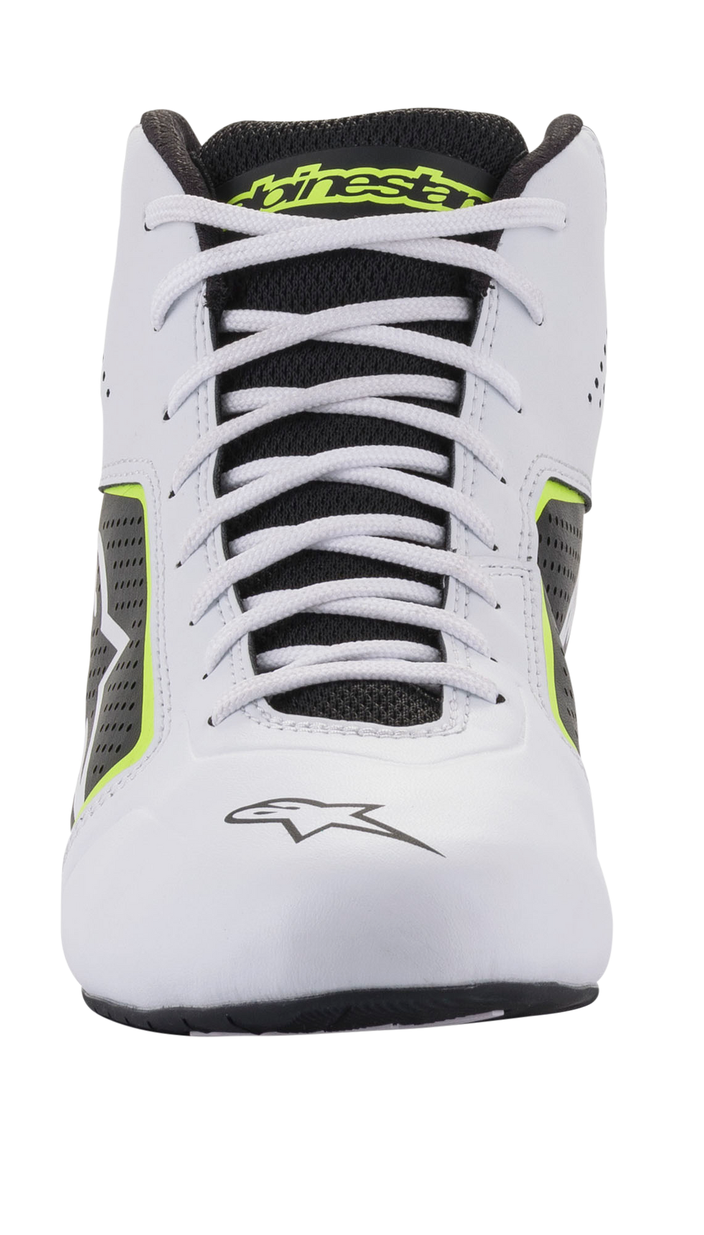 Sapatos Alpinestars Tech-1 K Start V2, sapatos de karting, branco, preto e amarelo néon, vista frontal com atacadores brancos, língua em malha preta com logótipo amarelo e construção em microfibra branca com painéis laterais perfurados