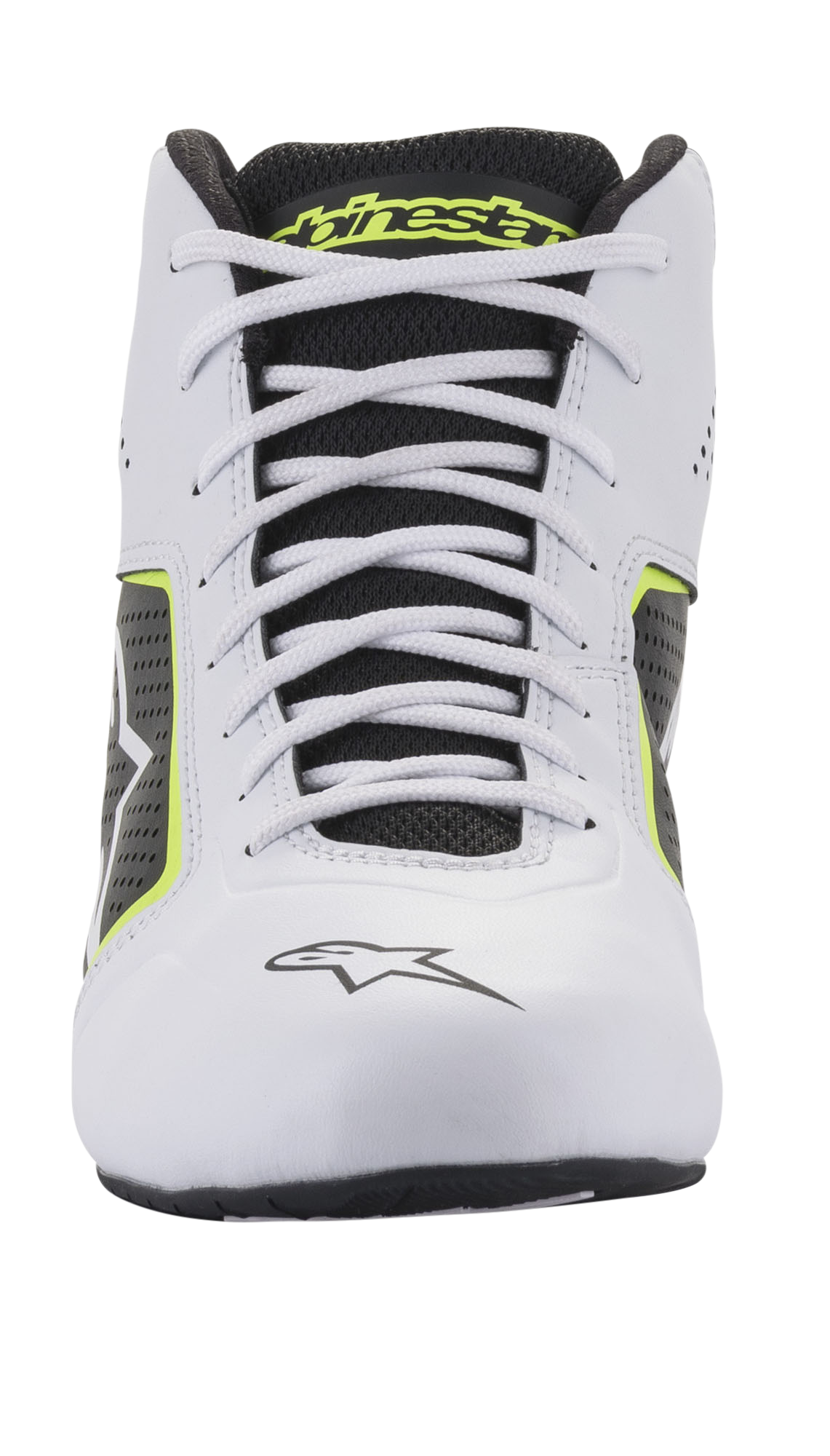 Sapatos Alpinestars Tech-1 K Start V2, sapatos de karting, branco, preto e amarelo néon, vista frontal com atacadores brancos, língua em malha preta com logótipo amarelo e construção em microfibra branca com painéis laterais perfurados