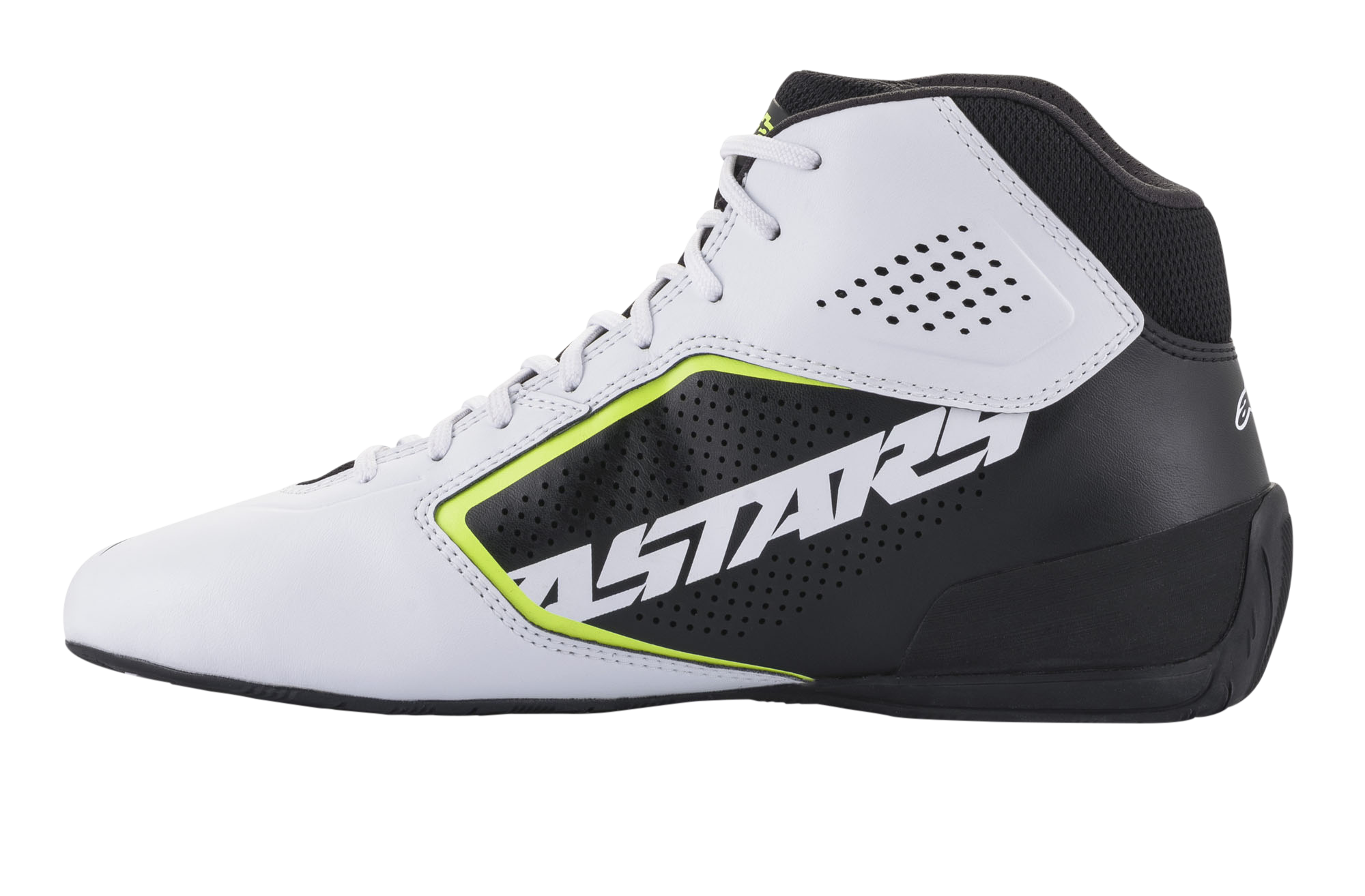 Sapatos Alpinestars Tech-1 K Start V2, sapatos de karting, brancos, pretos e amarelo néon, vista lateral com parte superior em microfibra branca perfurada, painel lateral preto com marca ASTARS em destaque, detalhes em amarelo néon e sola preta aerodinâmica.