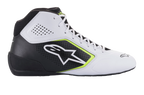 Sapatos Alpinestars Tech-1 K Start V2, sapatos de karting, branco, preto e amarelo fluo, perfil lateral com painéis de microfibra perfurados, logótipo Alpinestars branco com rebordo amarelo fluorescente, design elegante de desporto motorizado para karting