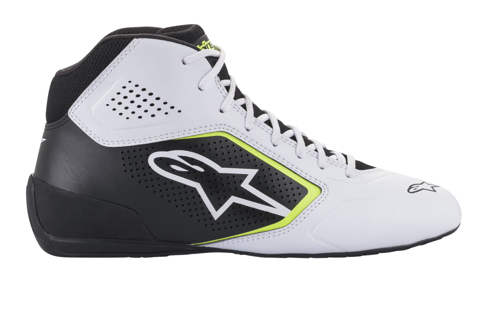 Sapatos Alpinestars Tech-1 K Start V2, sapatos de karting, branco, preto e amarelo fluo, perfil lateral com painéis de microfibra perfurados, logótipo Alpinestars branco com rebordo amarelo fluorescente, design elegante de desporto motorizado para karting