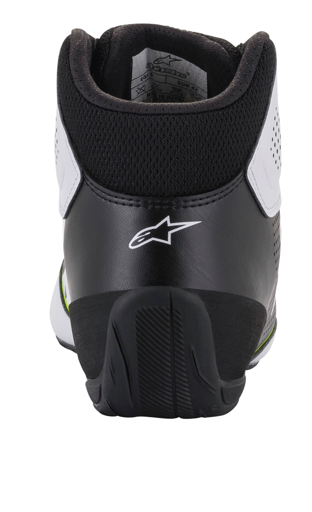 Sapatos Alpinestars Tech-1 K Start V2, sapatos de karting, branco, preto e amarelo néon, vista traseira com contraforte ergonómico do calcanhar em preto e logótipo de estrela branco, colarinho acolchoado e sola de borracha durável para performance em desportos motorizados