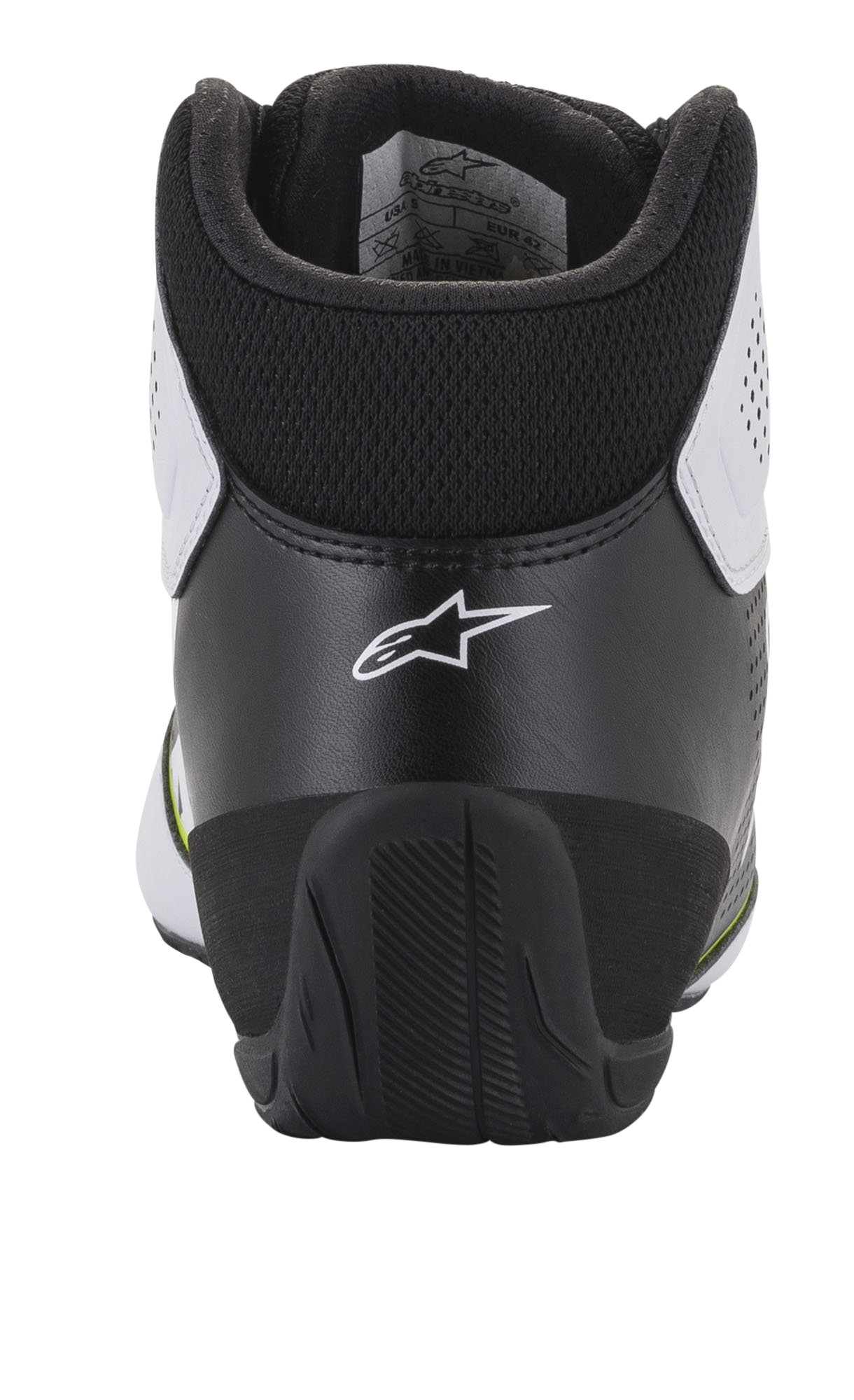 Sapatos Alpinestars Tech-1 K Start V2, sapatos de karting, branco, preto e amarelo néon, vista traseira com contraforte ergonómico do calcanhar em preto e logótipo de estrela branco, colarinho acolchoado e sola de borracha durável para performance em desportos motorizados