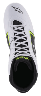 Sapatos Alpinestars Tech-1 K Start V2, sapatos de karting, branco, preto e amarelo fluo, vista superior mostrando a parte superior em microfibra branca, atacadores brancos e interior em malha preta com logótipo amarelo