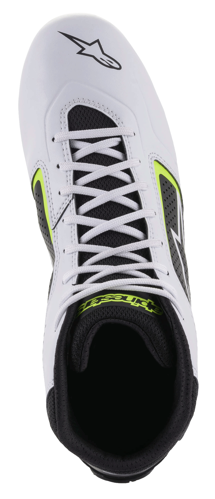 Sapatos Alpinestars Tech-1 K Start V2, sapatos de karting, branco, preto e amarelo fluo, vista superior mostrando a parte superior em microfibra branca, atacadores brancos e interior em malha preta com logótipo amarelo