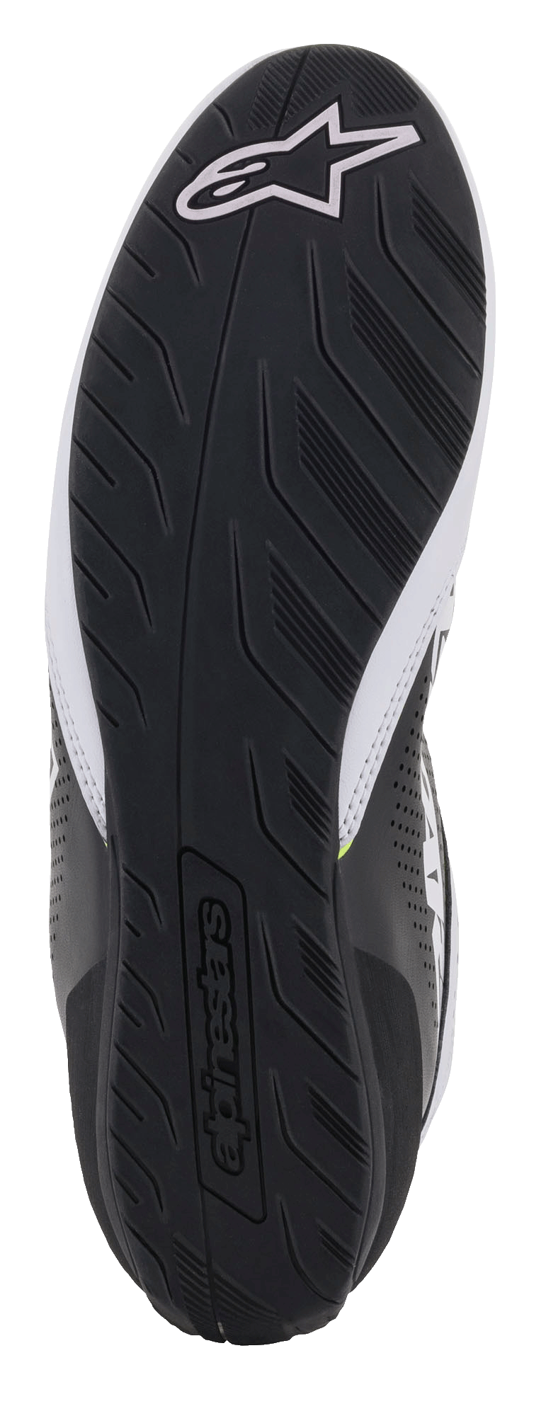 Sapatos Alpinestars Tech-1 K Start V2, vista da sola de borracha preta, padrão de rasto texturado para aderência, com logótipo Alpinestars branco e marca nominativa em relevo, calçado de karting.