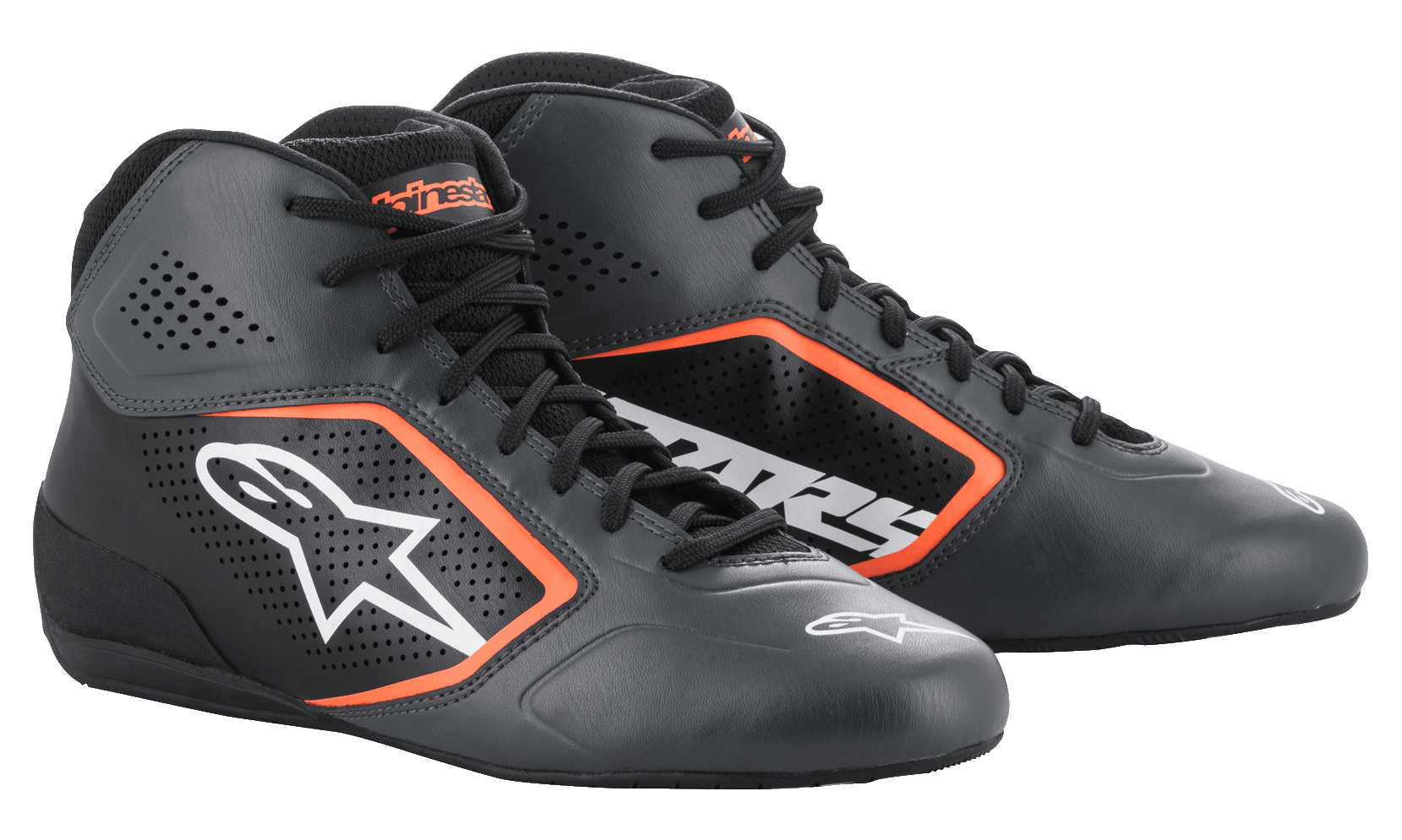 Alpinestars Tech-1 K Start V2 Shoes, sapatos de karting, preto e laranja fluorescente, com parte superior em microfibra perfurada e detalhes em laranja vibrante, logótipo Astar branco na lateral e design de corrida elegante de baixo perfil