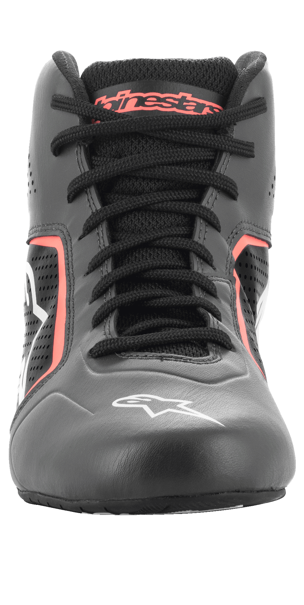 Sapatos Alpinestars Tech-1 K Start V2, sapatos de karting, preto asfalto e laranja fluo, vista frontal com atacadores pretos, marca Alpinestars laranja na língua, logótipo da estrela branco na biqueira e painéis de microfibra perfurada