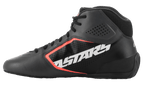Sapatos Alpinestars Tech-1 K Start V2, sapatos de karting, em preto asphalt e laranja fluo, perfil lateral com grande logótipo ASTARS branco, parte superior em microfibra perfurada com detalhes em laranja fluorescente, design elegante de motorsport
