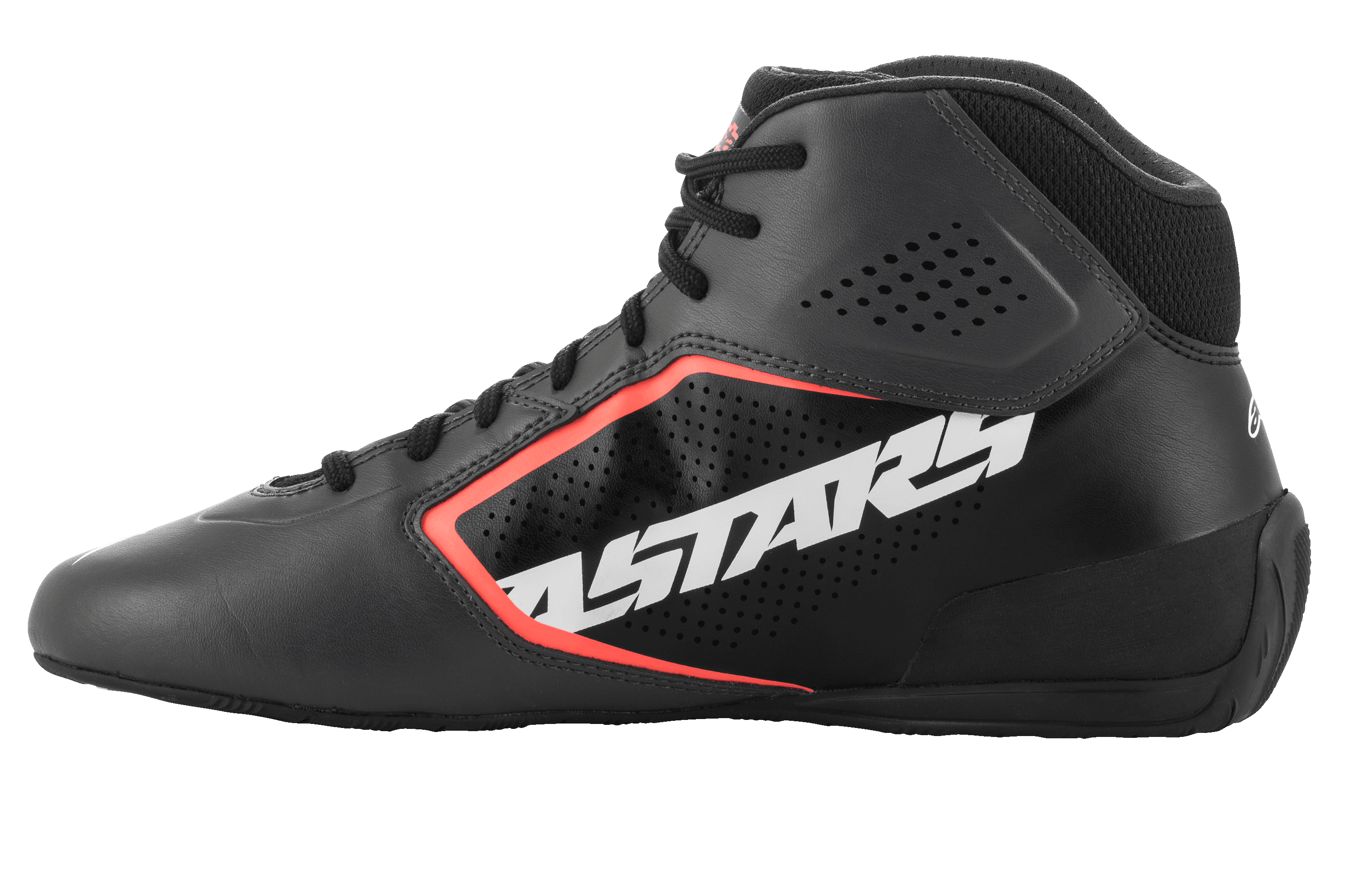 Sapatos Alpinestars Tech-1 K Start V2, sapatos de karting, em preto asphalt e laranja fluo, perfil lateral com grande logótipo ASTARS branco, parte superior em microfibra perfurada com detalhes em laranja fluorescente, design elegante de motorsport