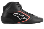 Sapatos Alpinestars Tech-1 K Start V2, sapatos de karting, Preto Asphalt e Laranja Fluo, perfil lateral com parte superior em microfibra com perfurações a laser, logótipo Alpinestars branco com contorno laranja e atacadores pretos