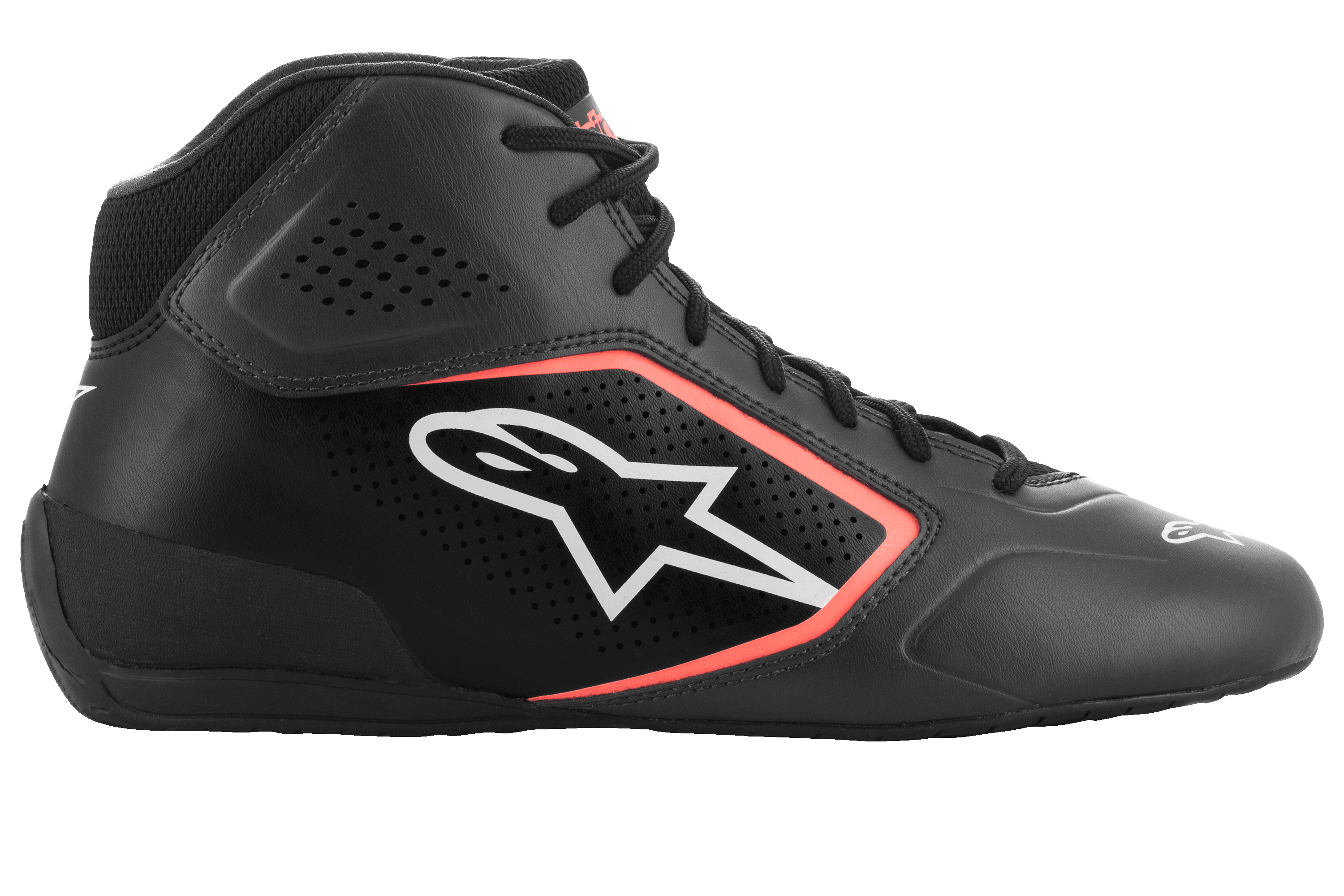 Sapatos Alpinestars Tech-1 K Start V2, sapatos de karting, Preto Asphalt e Laranja Fluo, perfil lateral com parte superior em microfibra com perfurações a laser, logótipo Alpinestars branco com contorno laranja e atacadores pretos