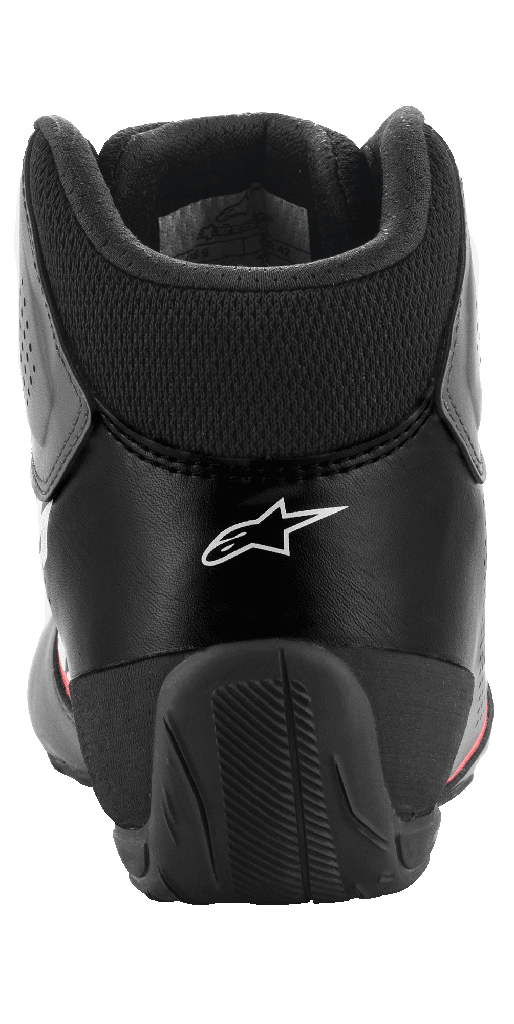 Sapatos Alpinestars Tech-1 K Start V2, sapatos de karting, Asphalt Black Orange Fluo, vista traseira com logótipo Alpinestars branco, colarinho de malha para o tendão de Aquiles e contraforte de calcanhar em borracha reforçada para maior estabilidade