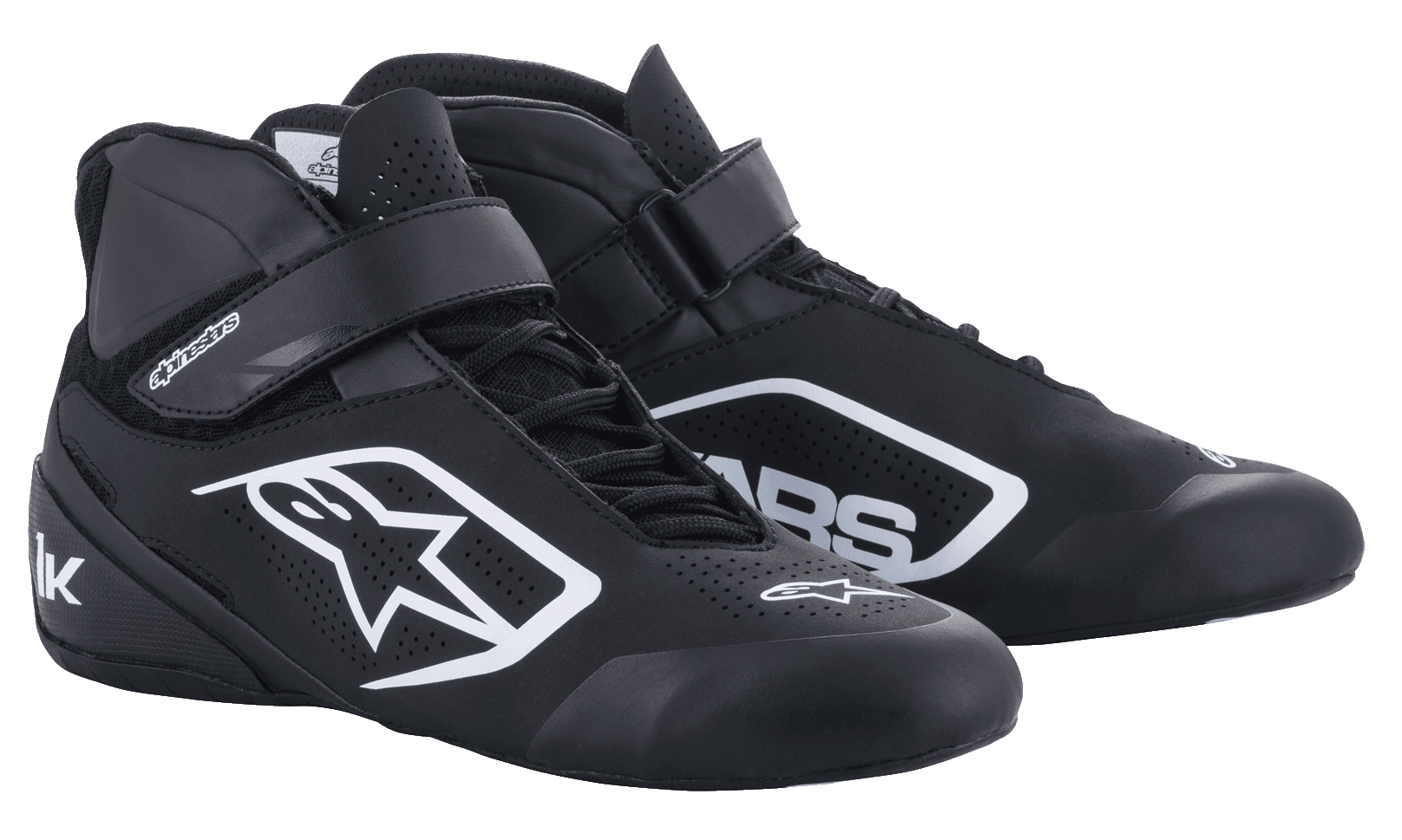 Alpinestars Tech-1 K V2, sapatos de karting para homem, pretos e brancos, em microfibra perfurada com fecho duplo.