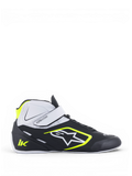 Alpinestars Sapatos Tech-1 K V2, sapatos de karting para homem, pretos, brancos e amarelo fluo, construção em microfibra leve, sistema de fecho duplo com tira de velcro e sola de borracha de alta aderência.