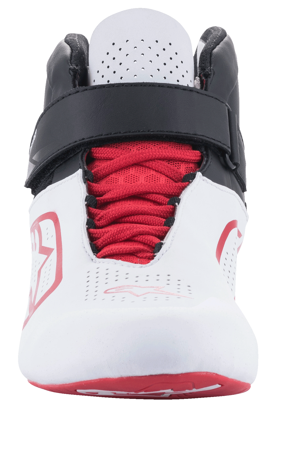 Sapatos Alpinestars Tech-1 K V2, sapatos de karting, branco, preto e vermelho, vista frontal com atacadores vermelhos e tira de velcro ajustável preta, língua branca perfurada para ventilação, design elegante e respirável para competição