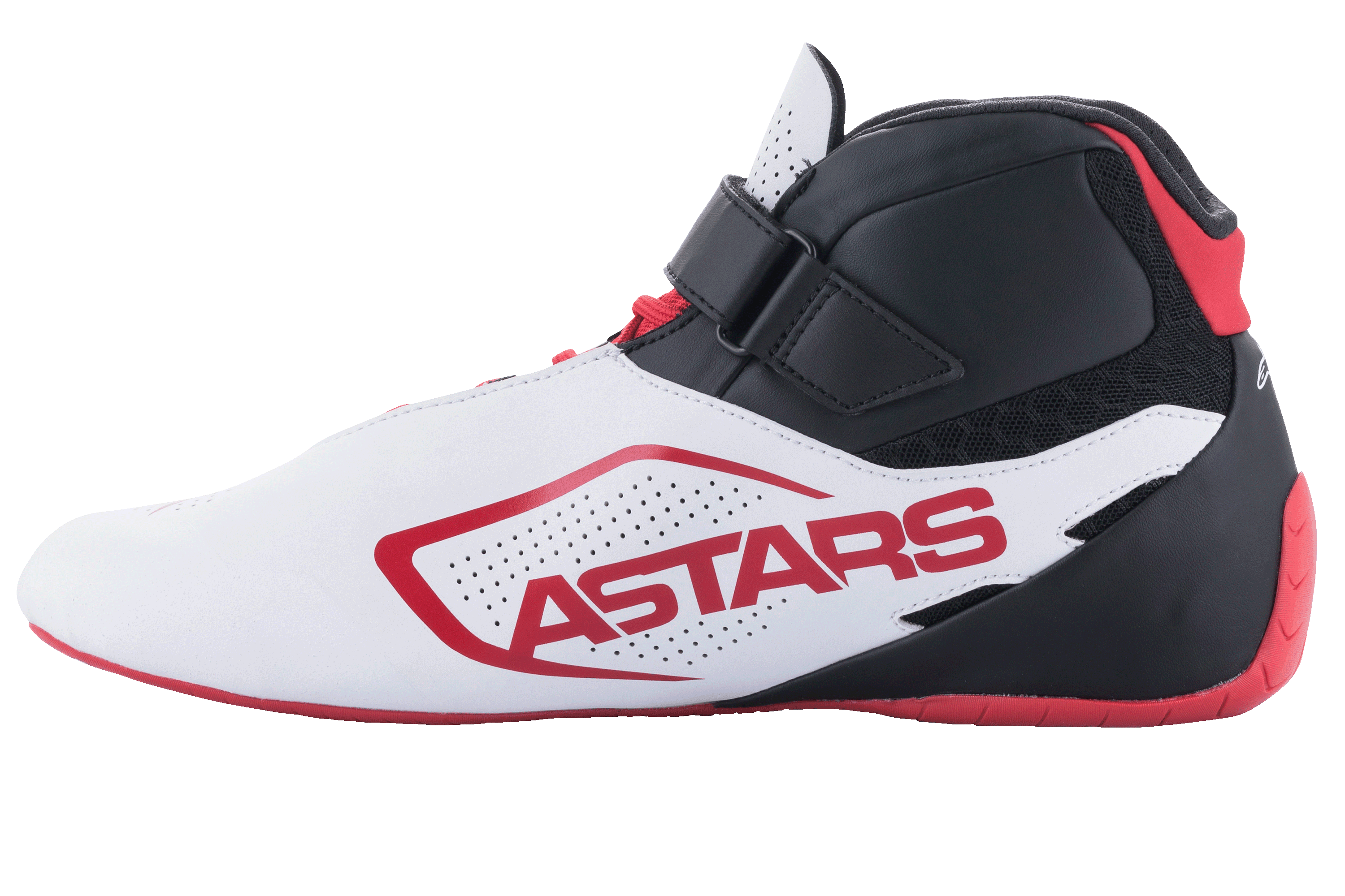 Sapatos Alpinestars Tech-1 K V2, sapatos de karting, branco, preto e vermelho, vista lateral com a marca ASTARS vermelha num painel branco perfurado, parte superior preta com tira de velcro e atacadores vermelhos, sola vermelha fina para condução de precisão