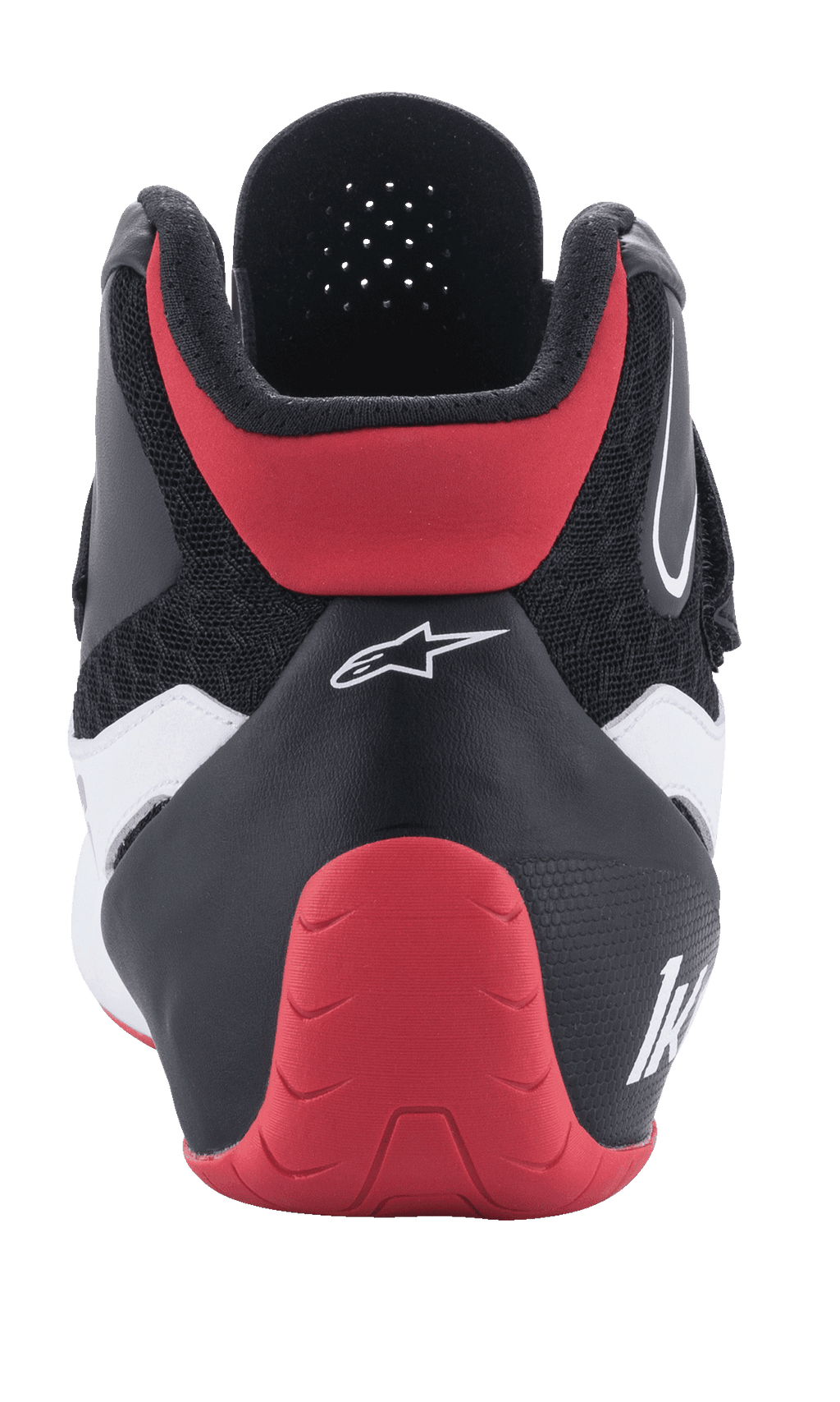 Sapatos Alpinestars Tech-1 K V2, calçado de karting, vermelho, preto e branco, vista traseira, com reforço de calcanhar vermelho, parte superior em têxtil preto com detalhes brancos e logótipo Alpinestars branco.