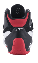 Sapatos Alpinestars Tech-1 K V2, calçado de karting, vermelho, preto e branco, vista traseira, com reforço de calcanhar vermelho, parte superior em têxtil preto com detalhes brancos e logótipo Alpinestars branco.