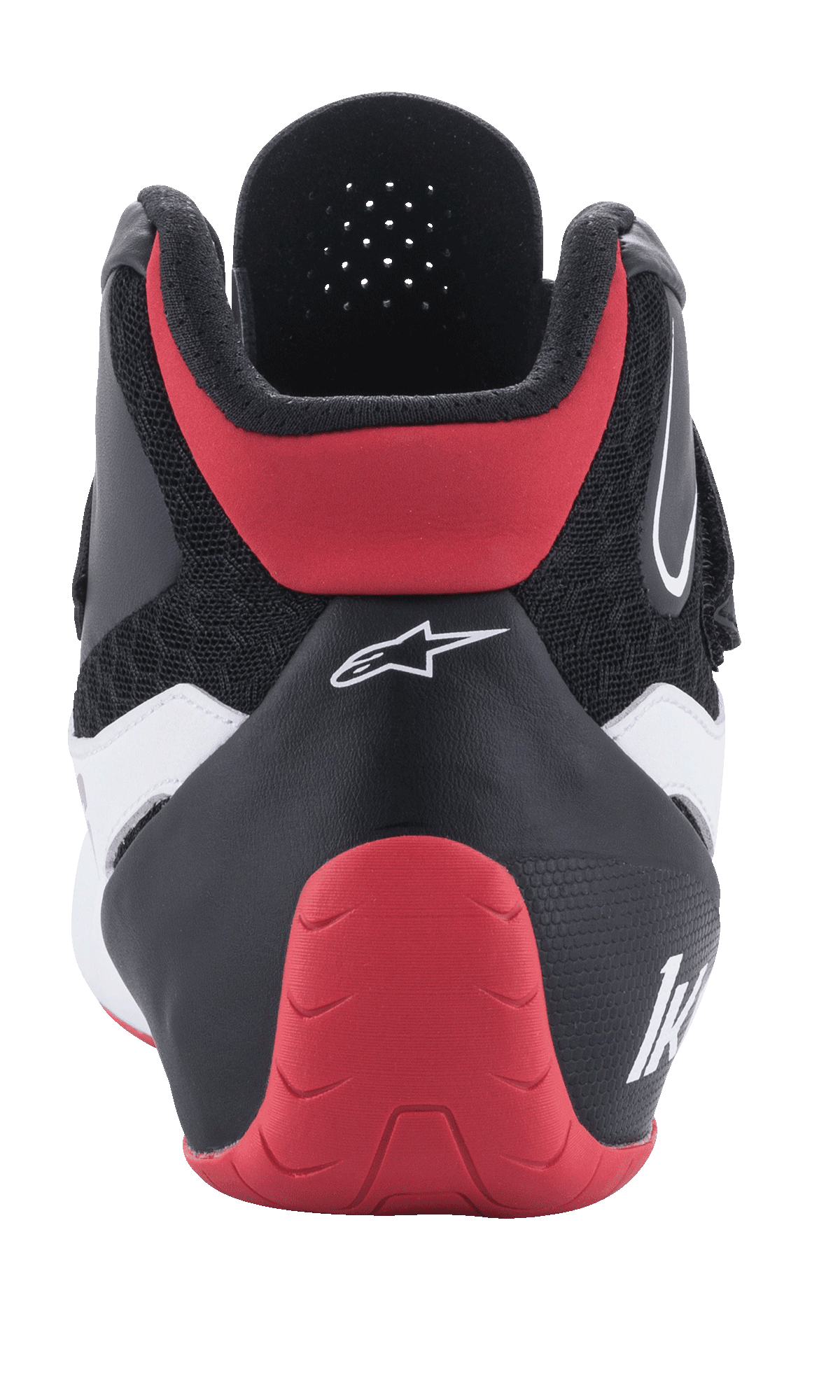 Sapatos Alpinestars Tech-1 K V2, calçado de karting, vermelho, preto e branco, vista traseira, com reforço de calcanhar vermelho, parte superior em têxtil preto com detalhes brancos e logótipo Alpinestars branco.