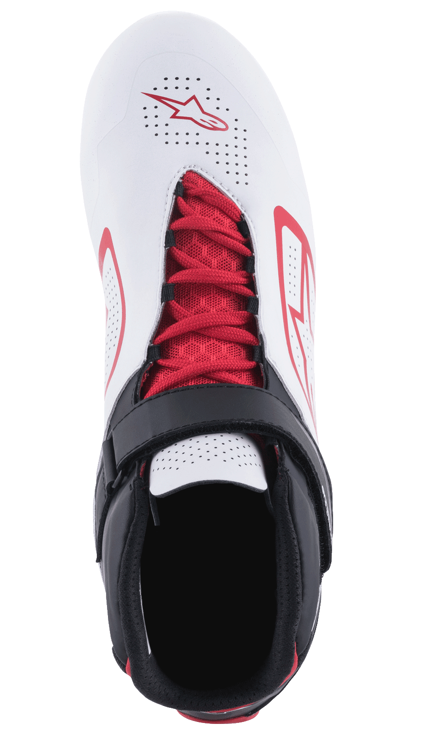 Sapatos Alpinestars Tech-1 K V2, sapatos de karting, brancos, pretos e vermelhos, vista superior com atacadores vermelhos e tira de velcro preta, parte superior branca perfurada com logótipos Alpinestars vermelhos, concebidos para respirabilidade e suporte