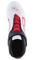 Sapatos Alpinestars Tech-1 K V2, sapatos de karting, brancos, pretos e vermelhos, vista superior com atacadores vermelhos e tira de velcro preta, parte superior branca perfurada com logótipos Alpinestars vermelhos, concebidos para respirabilidade e suporte