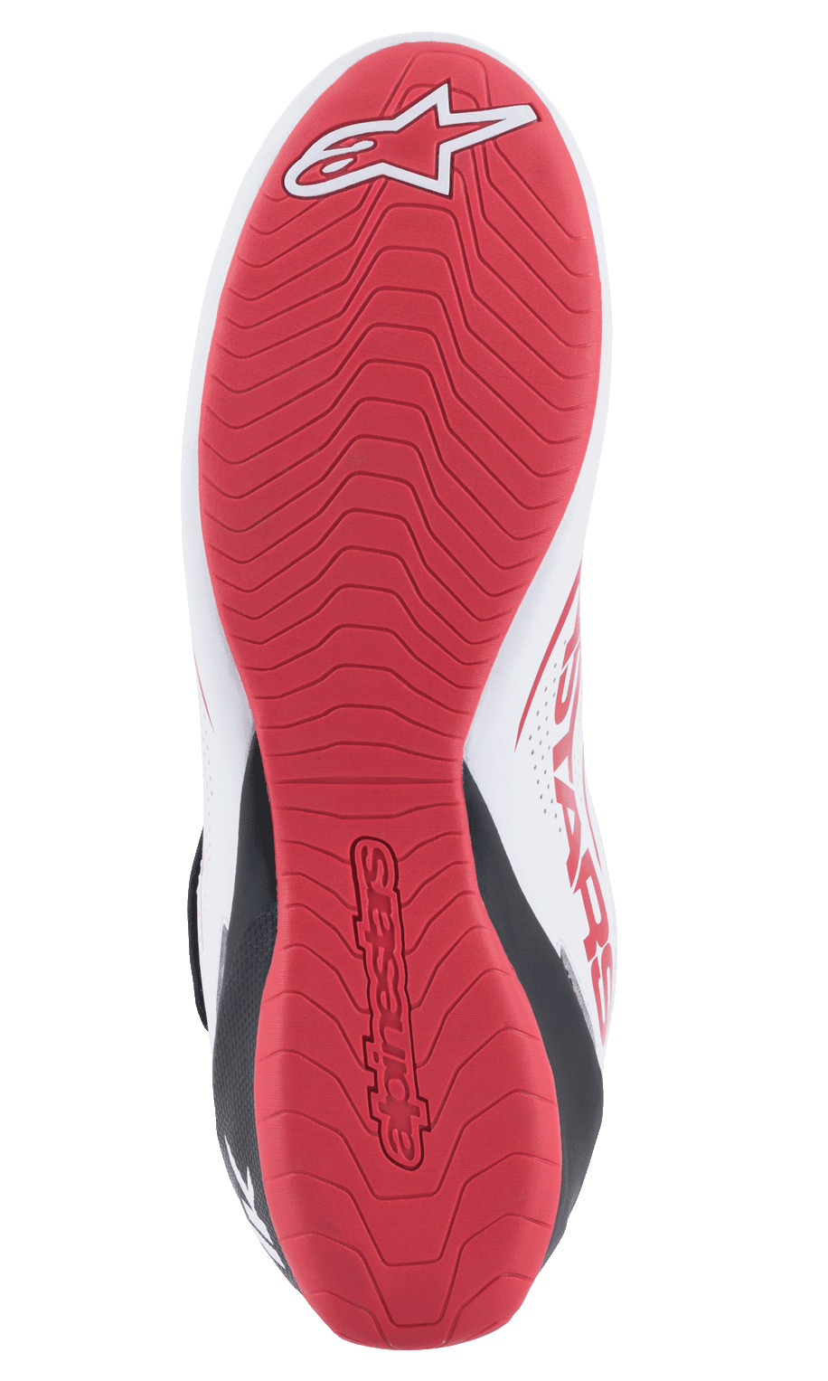 Alpinestars Tech-1 K V2 Shoes, sapatos de karting, brancos, pretos e vermelhos, vista inferior detalhada da sola de borracha texturizada vermelha com o logótipo Alpinestars e marca em relevo, concebida para máxima aderência e sensibilidade tátil