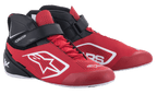 Sapatos de Karting Alpinestars Tech-1 K V2, vermelhos, pretos e brancos, calçado de corrida de cano médio com atacadores vermelhos e tira de tornozelo preta de gancho e laço, parte superior em microfibra perfurada com logótipos Alpinestars brancos, design ergonómico para karting profissional