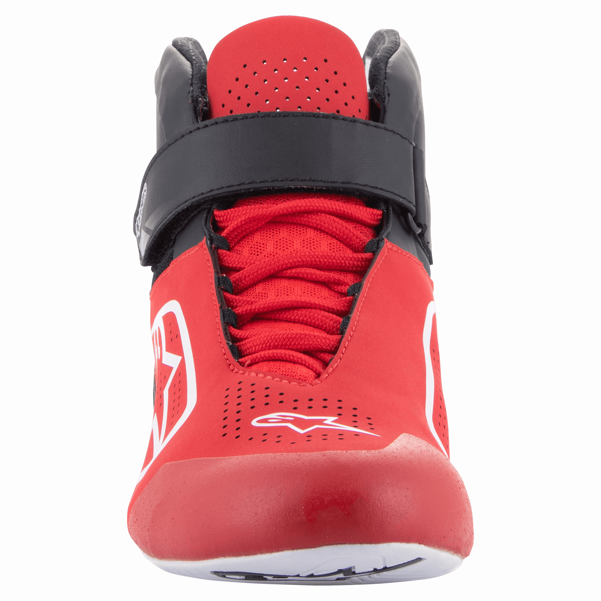 Sapatos Alpinestars Tech-1 K V2, sapatos de karting, vermelhos, pretos e brancos, vista frontal com uma tira de velcro preta no tornozelo e atacadores vermelhos, parte superior vermelha perfurada com logótipos Astars brancos, design ergonómico para corridas de kart