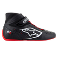Sapatos Alpinestars Tech-1 KX V3, sapatos de corrida de karting, preto, branco e vermelho, perfil lateral com construção termossoldada sem costuras, logótipo lateral branco grande, design de cano alto com tira de velcro e sola de borracha vermelha fina