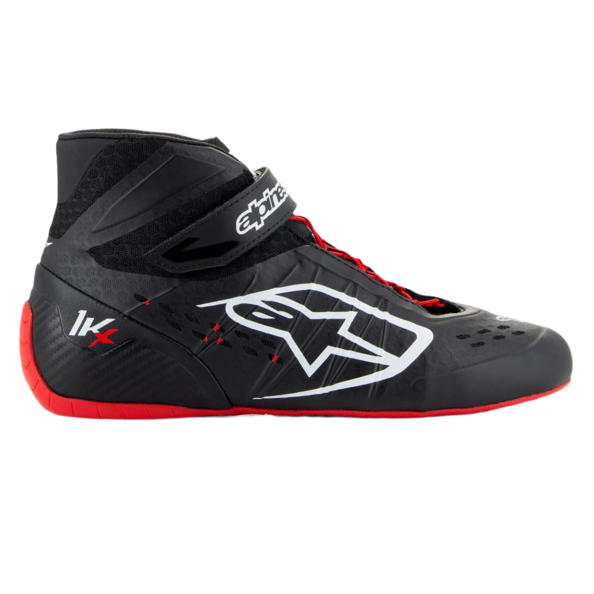 Sapatos Alpinestars Tech-1 KX V3, sapatos de corrida de karting, preto, branco e vermelho, perfil lateral com construção termossoldada sem costuras, logótipo lateral branco grande, design de cano alto com tira de velcro e sola de borracha vermelha fina