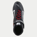 Sapatos Alpinestars Tech-1 KX V3, sapatos de karting, pretos, brancos e vermelhos, vista superior com atacadores vermelhos e tira de tornozelo preta com branding branco, logótipo Alpinestars branco na biqueira, design elegante e respirável para performance em desportos motorizados