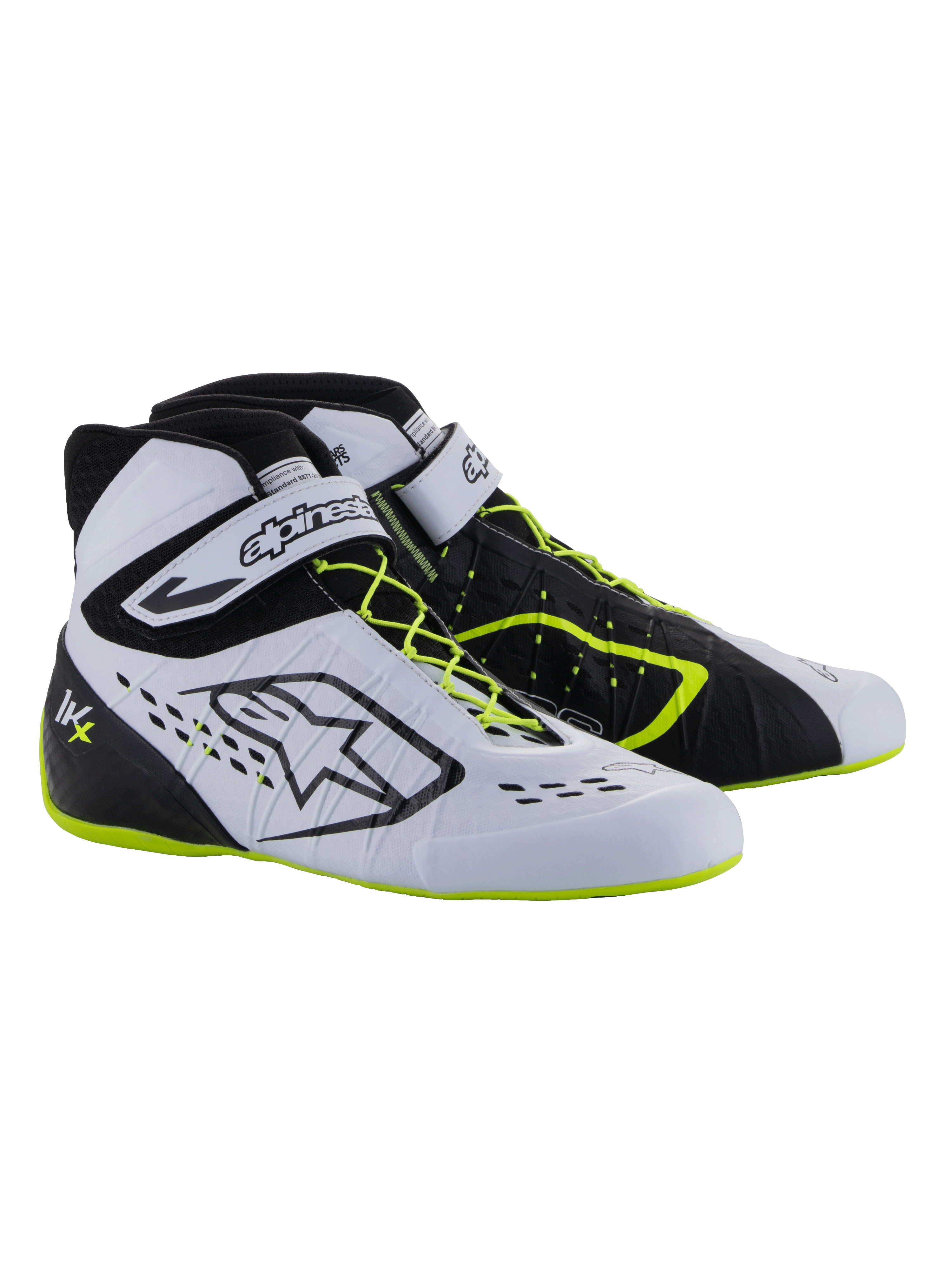 Sapatos Alpinestars Tech-1 KX V3 - FIA, sapatos de karting, pretos, brancos e amarelo néon, calçado de corrida de alta performance com atacadores assimétricos, tira de velcro no tornozelo, detalhes em amarelo néon nos atacadores e na sola, e painéis respiráveis cortados a laser