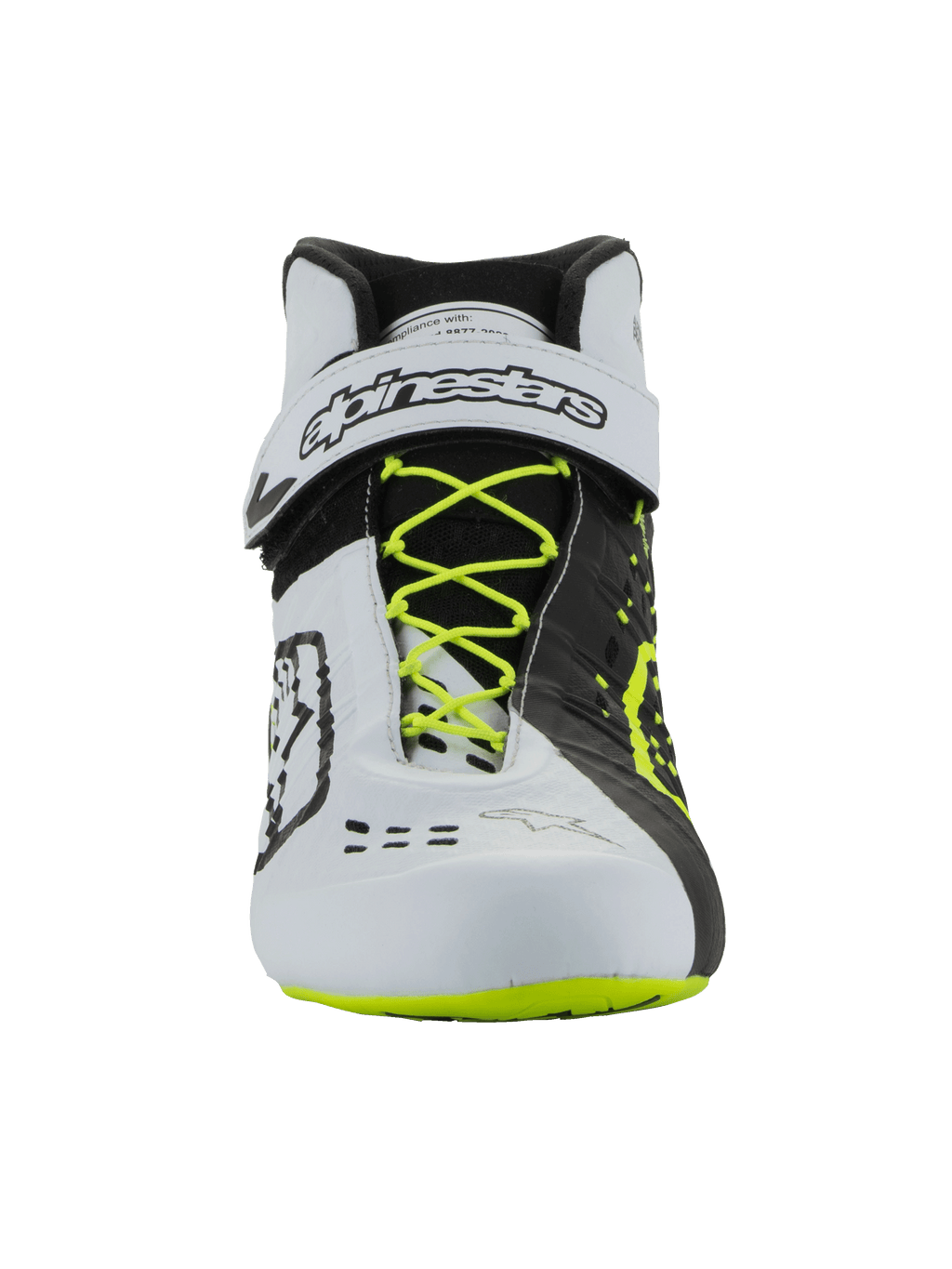 Sapatos Alpinestars Tech-1 KX V3 - FIA, calçado de karting, preto, branco e amarelo fluo, vista frontal com atacadores amarelo fluorescente, tira de tornozelo branca com marca preta, design assimétrico com blocos de cor e detalhes de ventilação cortados a laser