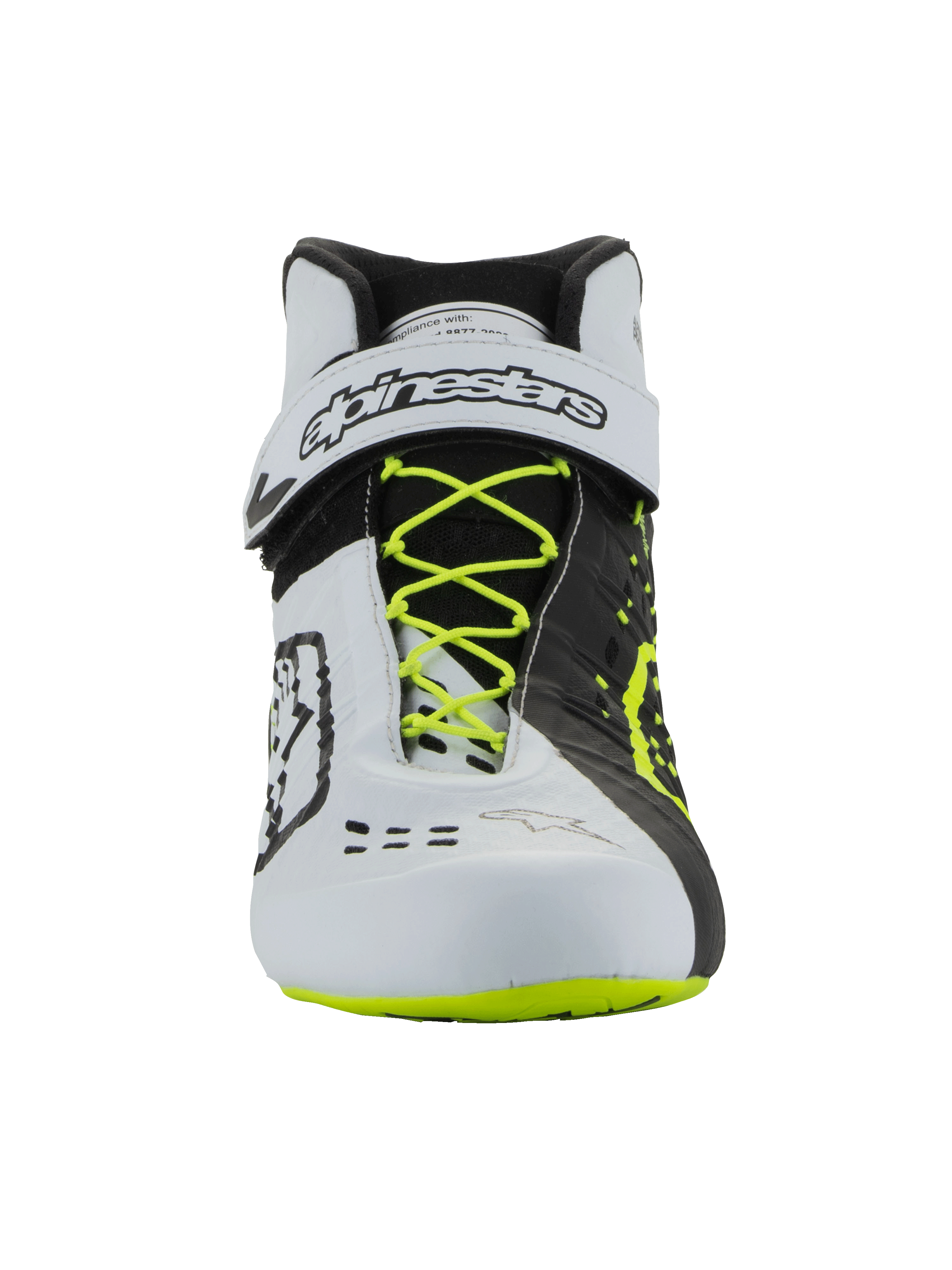 Sapatos Alpinestars Tech-1 KX V3 - FIA, calçado de karting, preto, branco e amarelo fluo, vista frontal com atacadores amarelo fluorescente, tira de tornozelo branca com marca preta, design assimétrico com blocos de cor e detalhes de ventilação cortados a laser