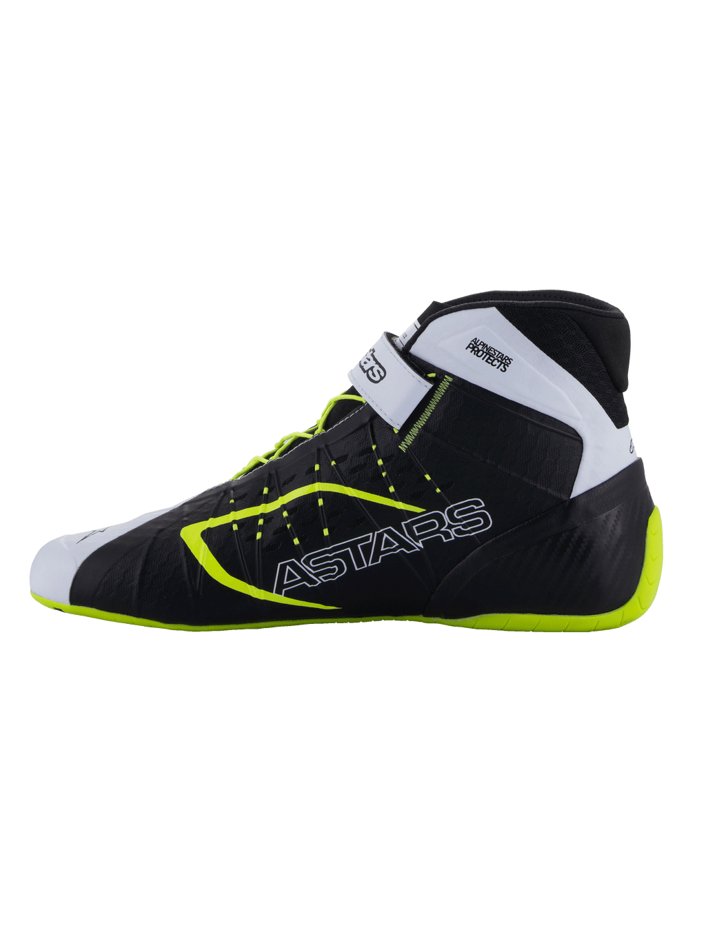 Sapatos Alpinestars Tech-1 KX V3 - FIA, sapatos de karting, pretos, brancos e amarelo fluo, perfil elegante com logótipo ASTARS na lateral, correia ajustável e pormenores fluorescentes, calçado de competição leve